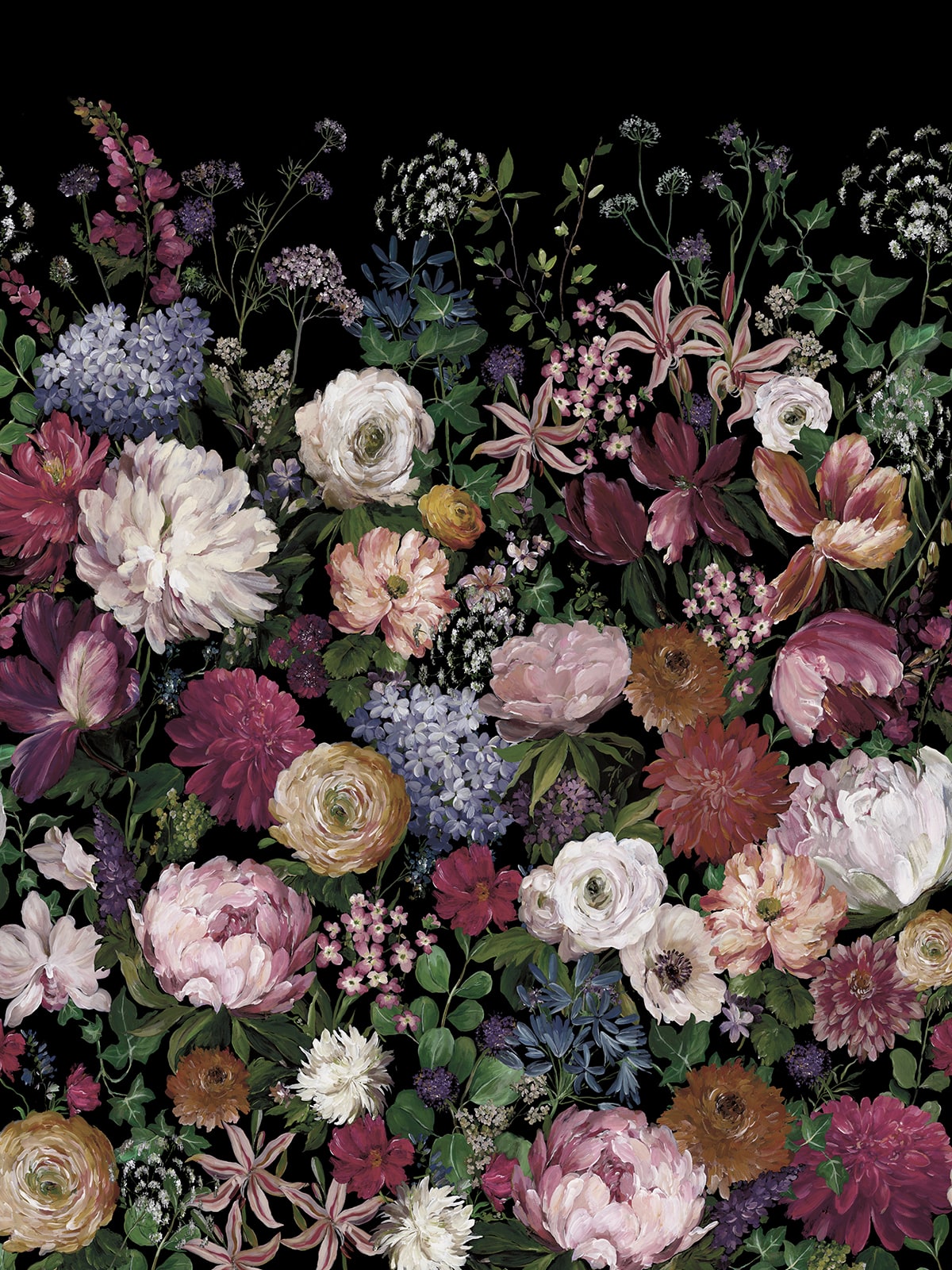 Garden Floral 3 Panel mural in charcoal color - pattern number DBW3000M - by Wallquest in the West Boulevard by Daisy Bennett collection