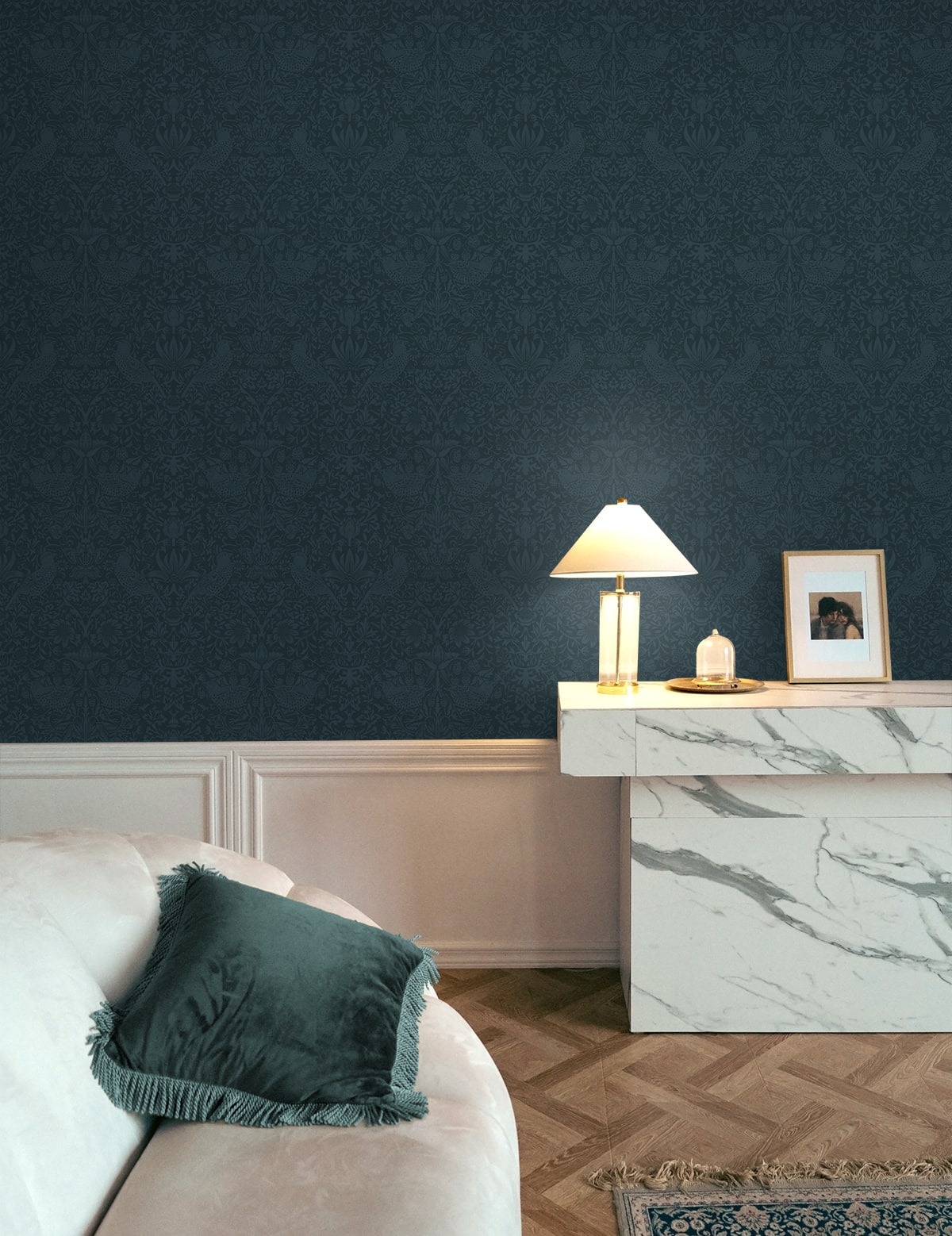 Tonal Bird Garden Prepasted wallpaper in slate blue color - pattern number EP10402 - by Seabrook in the Etten Prepasted Wallcovering collection