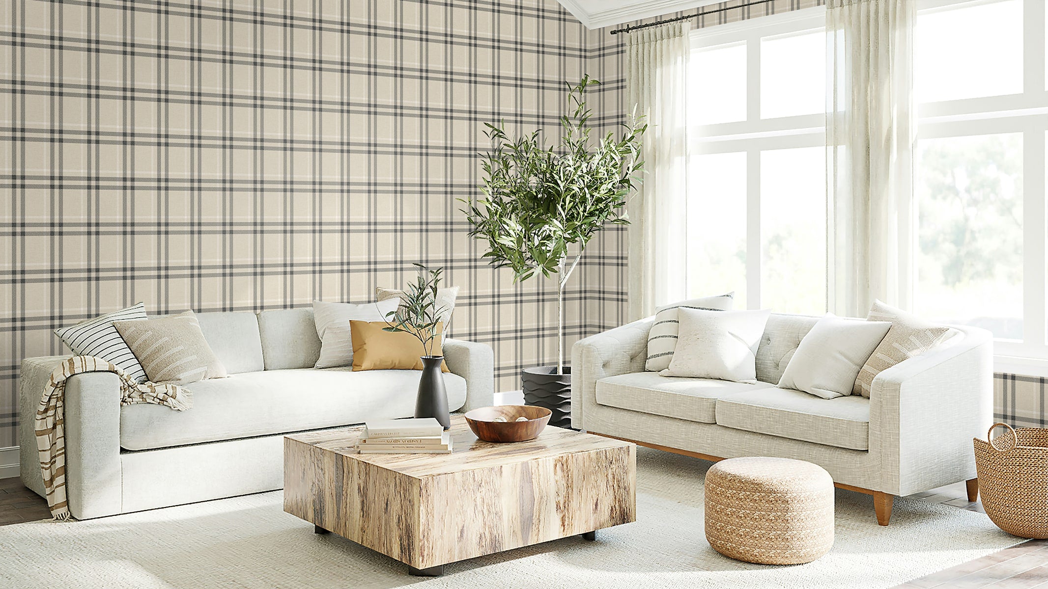 Calverlay Plaid Prepasted wallpaper in linen and ebony color - pattern number EP10805 - by Seabrook in the Etten Prepasted Wallcovering collection