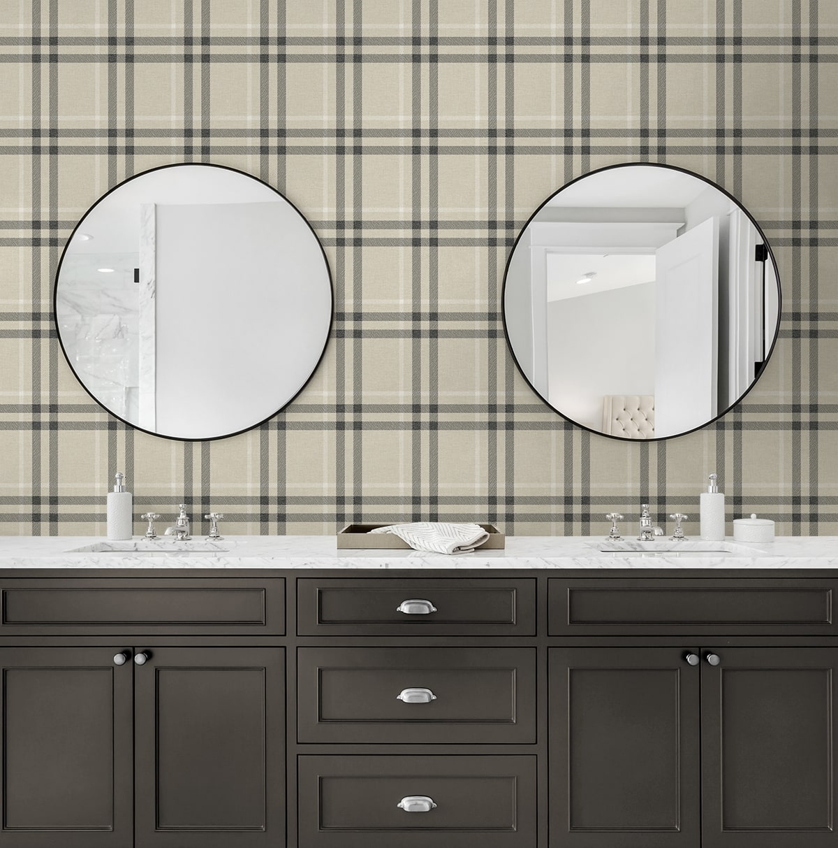 Calverlay Plaid Prepasted wallpaper in linen and ebony color - pattern number EP10805 - by Seabrook in the Etten Prepasted Wallcovering collection