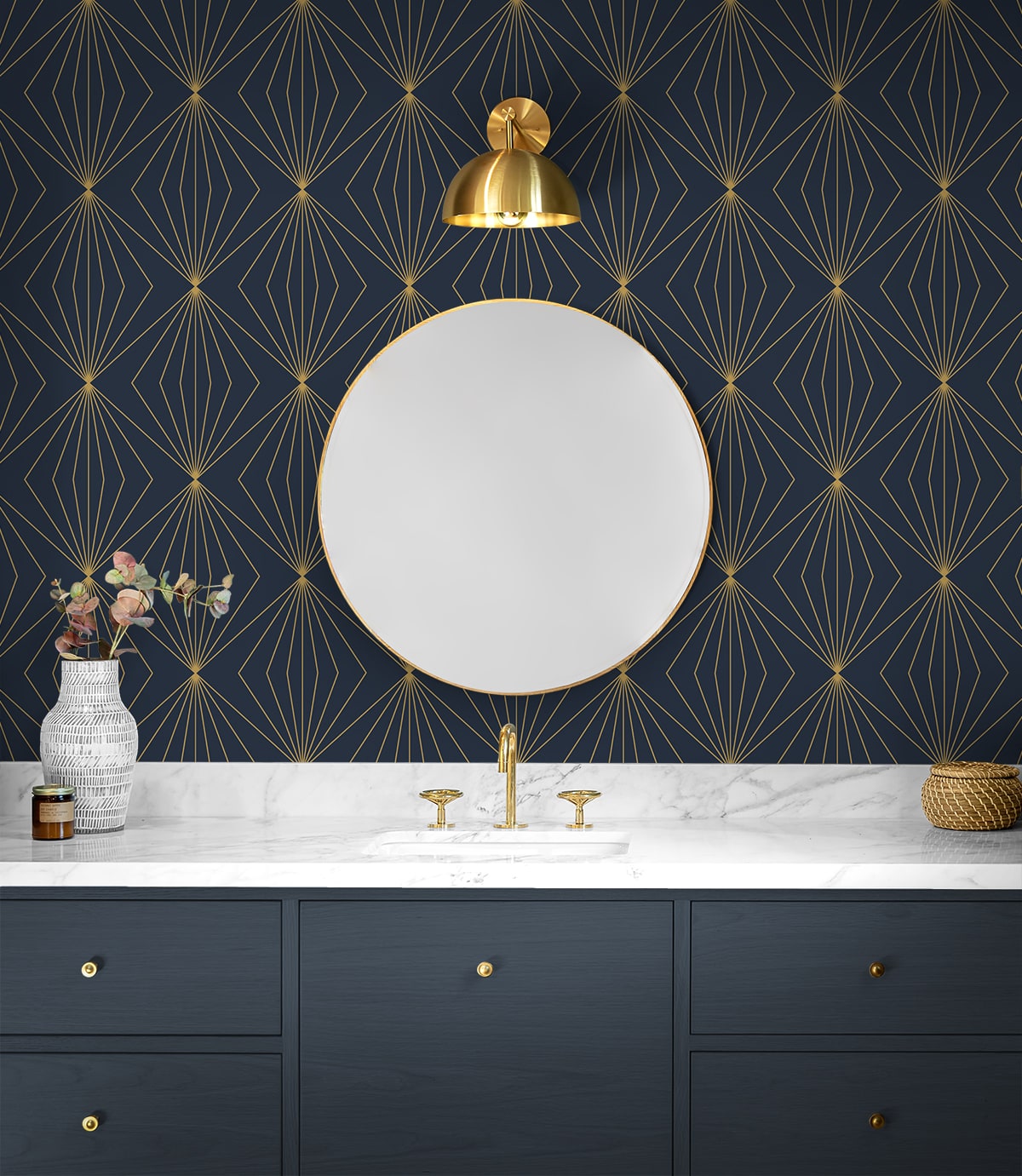 Gem Geometric Prepasted wallpaper in dark blue and metallic gold color - pattern number EP10902 - by Seabrook in the Etten Prepasted Wallcovering collection