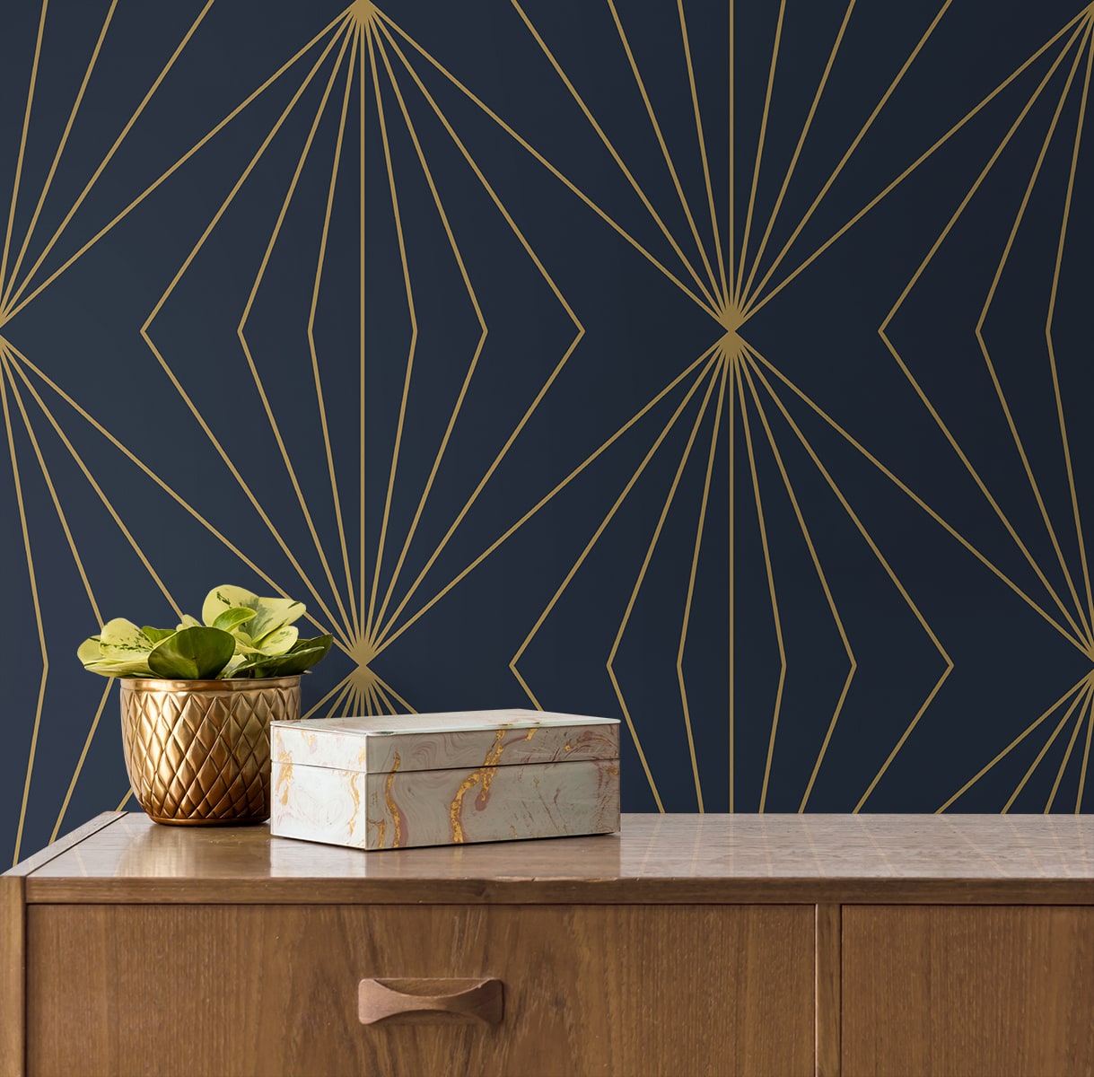 Gem Geometric Prepasted wallpaper in dark blue and metallic gold color - pattern number EP10902 - by Seabrook in the Etten Prepasted Wallcovering collection