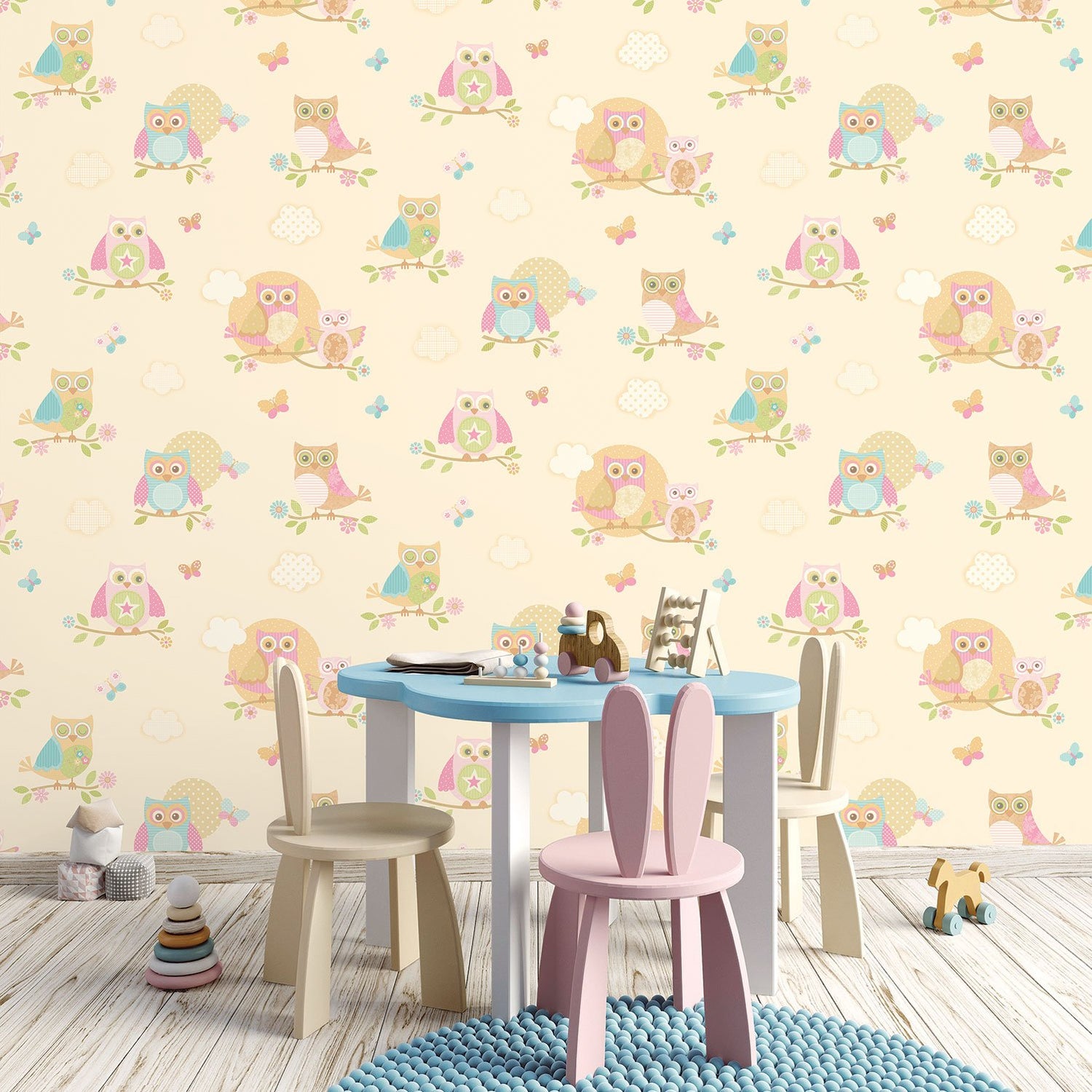 Colourful Owls wallpaper in cream color - pattern number G56035 - by Galerie in the Just 4 Kids 2 collection