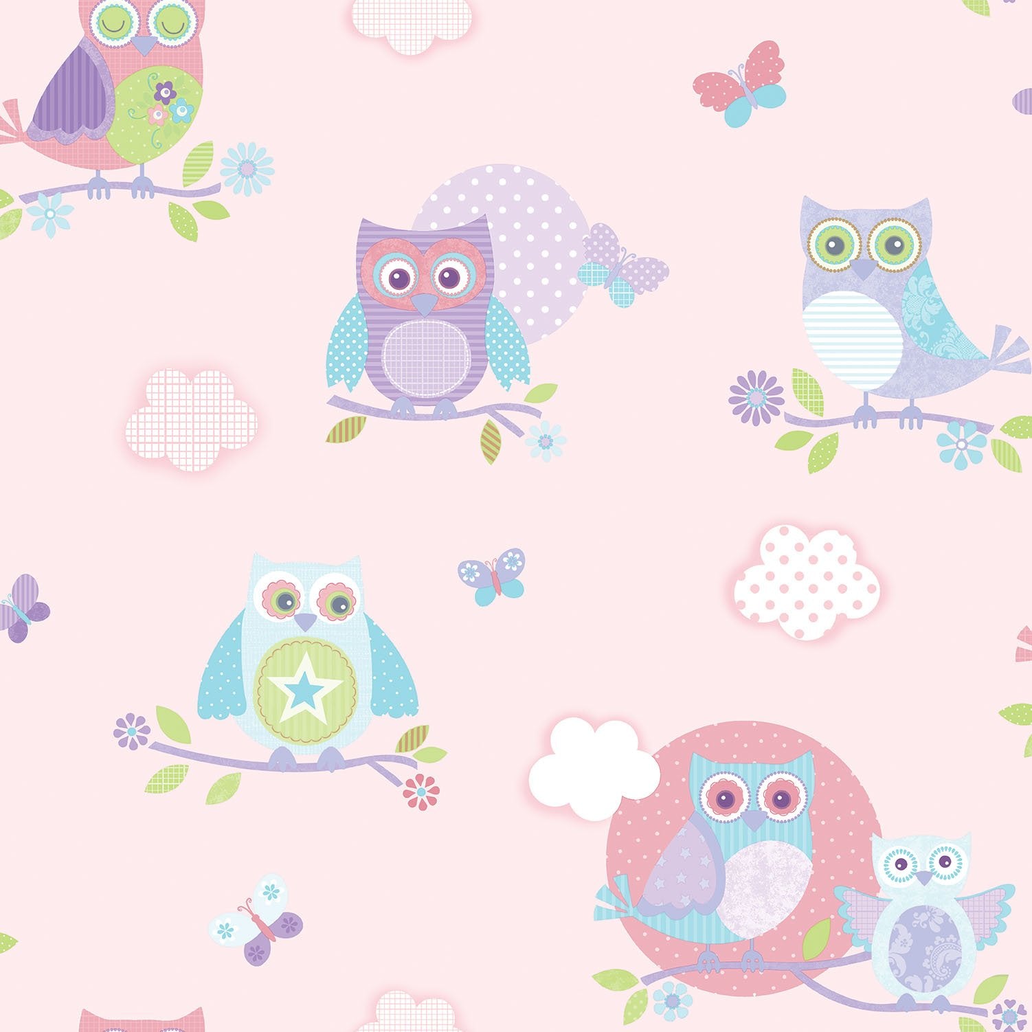 Colourful Owls wallpaper in pink color - pattern number G56036 - by Galerie in the Just 4 Kids 2 collection