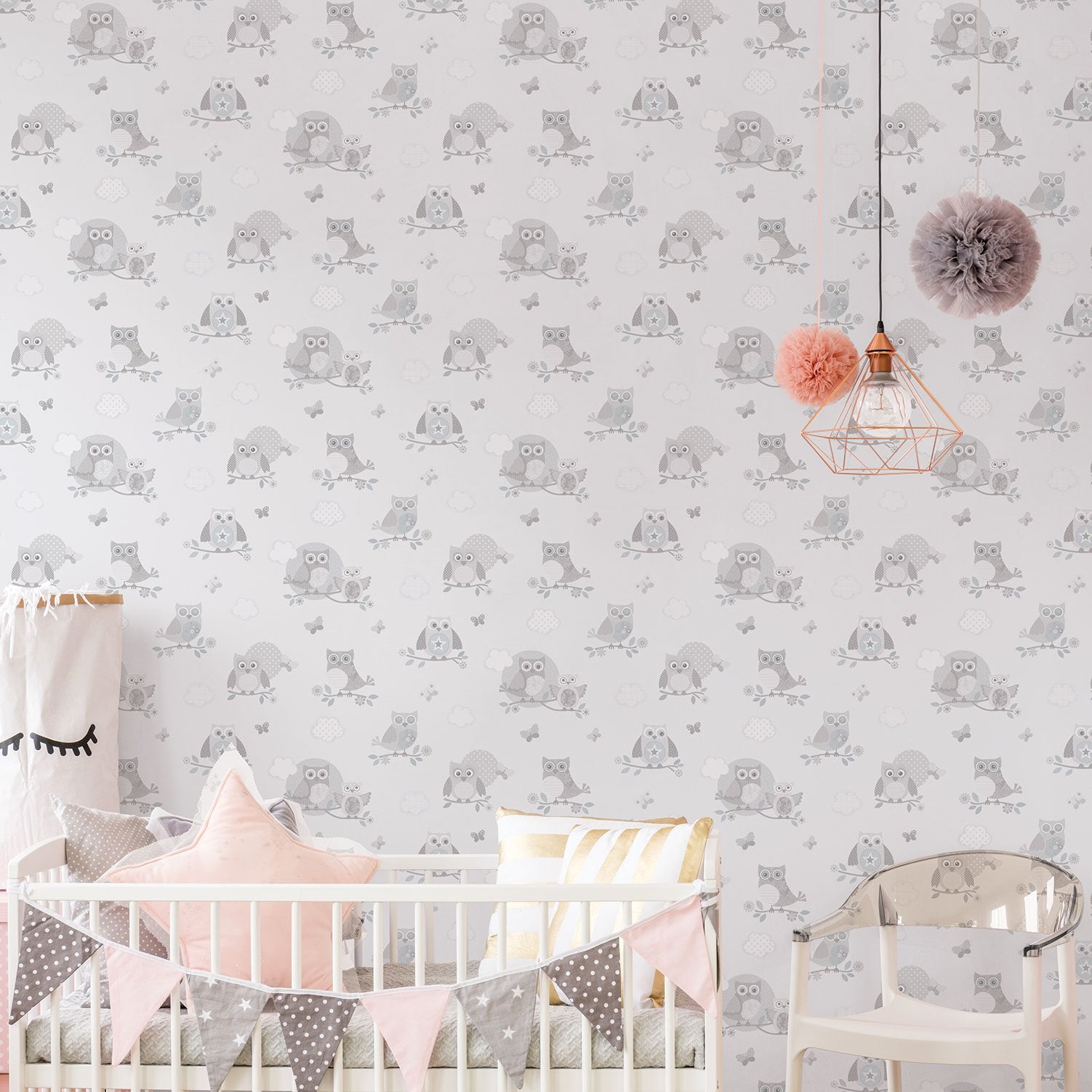 Mono Owls wallpaper in silver grey color - pattern number G56503 - by Galerie in the Just 4 Kids 2 collection