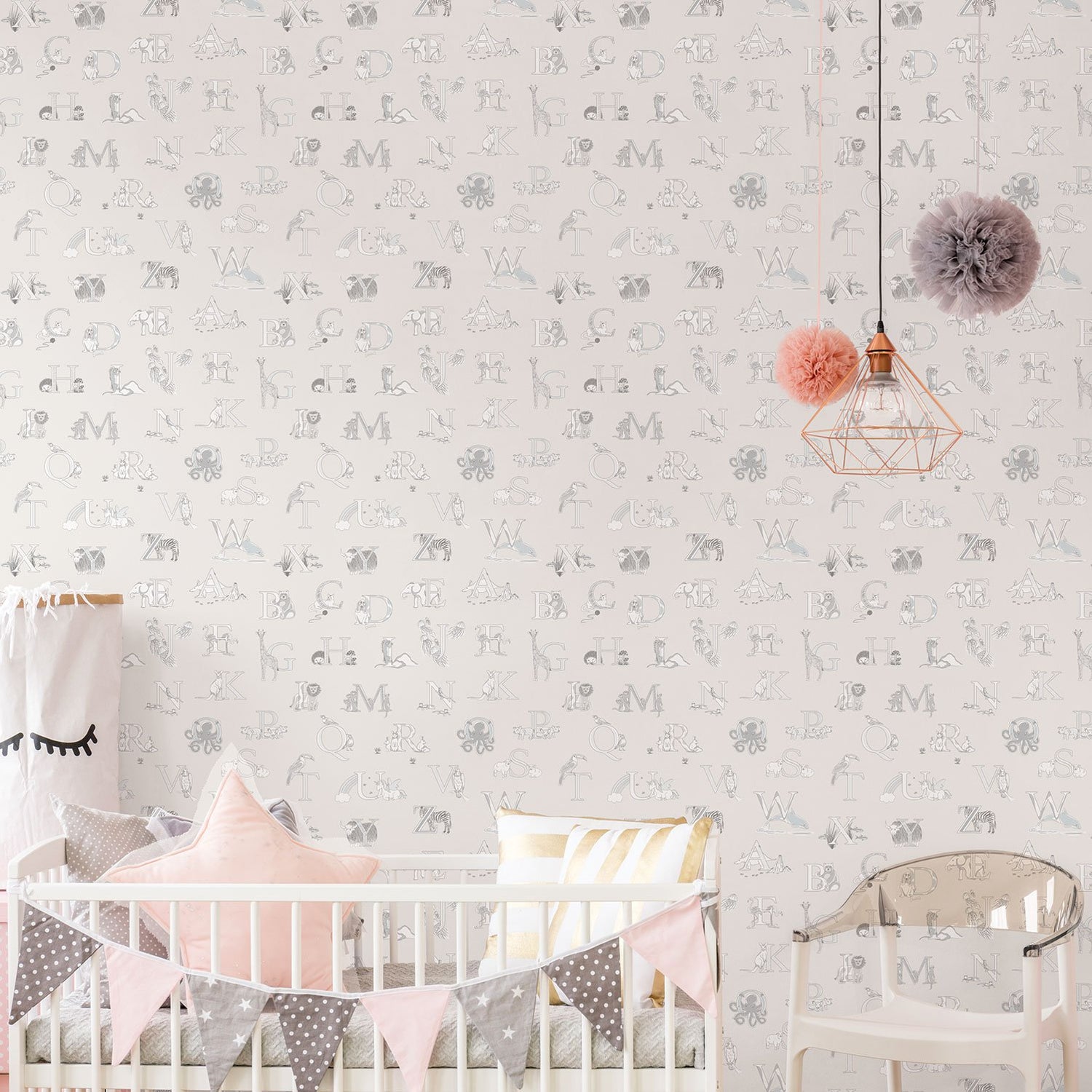 Alphabet wallpaper in silver grey color - pattern number G56536 - by Galerie in the Just 4 Kids 2 collection