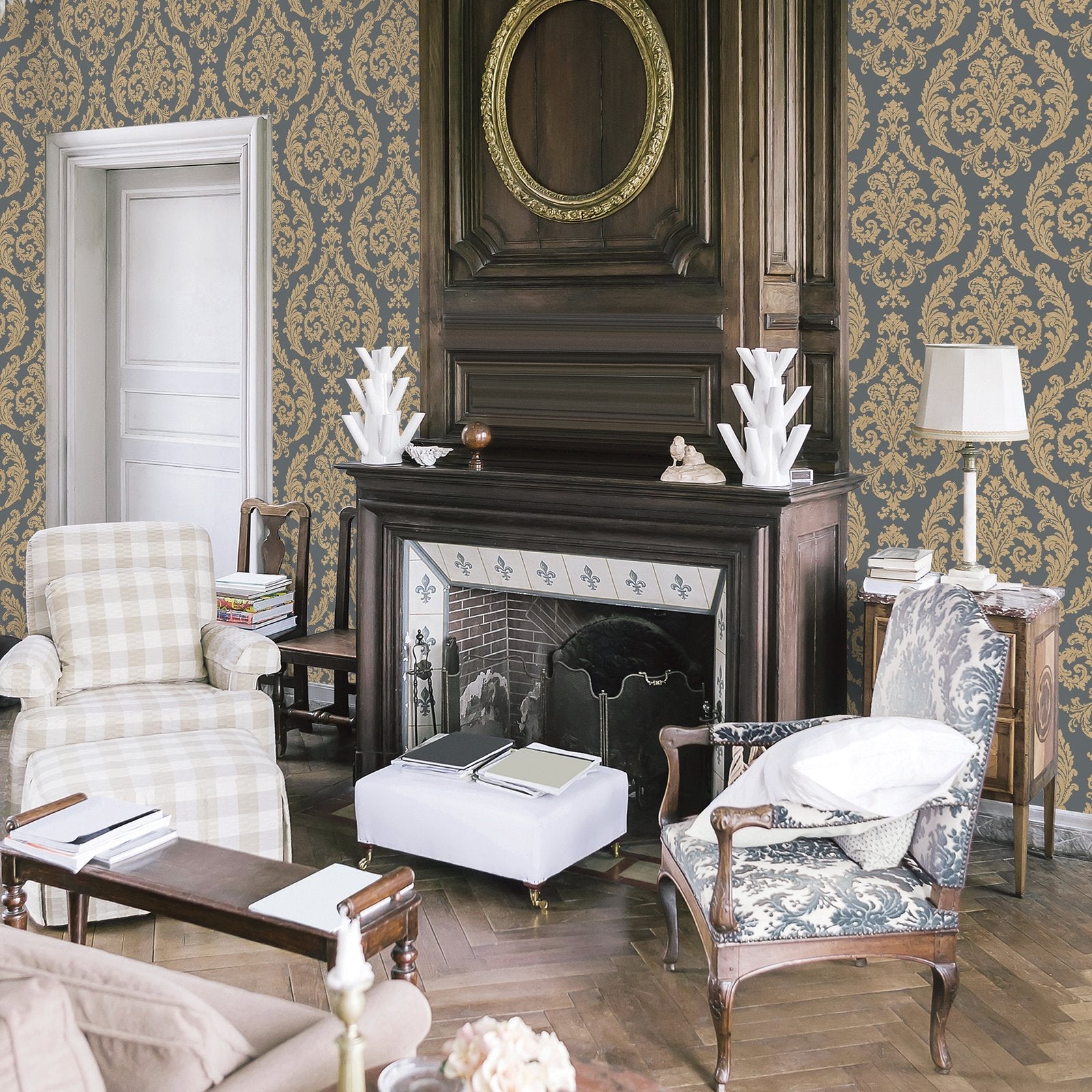 Silk Damask wallpaper in blue color - pattern number G67610 - by Galerie in the Palazzo 2 collection