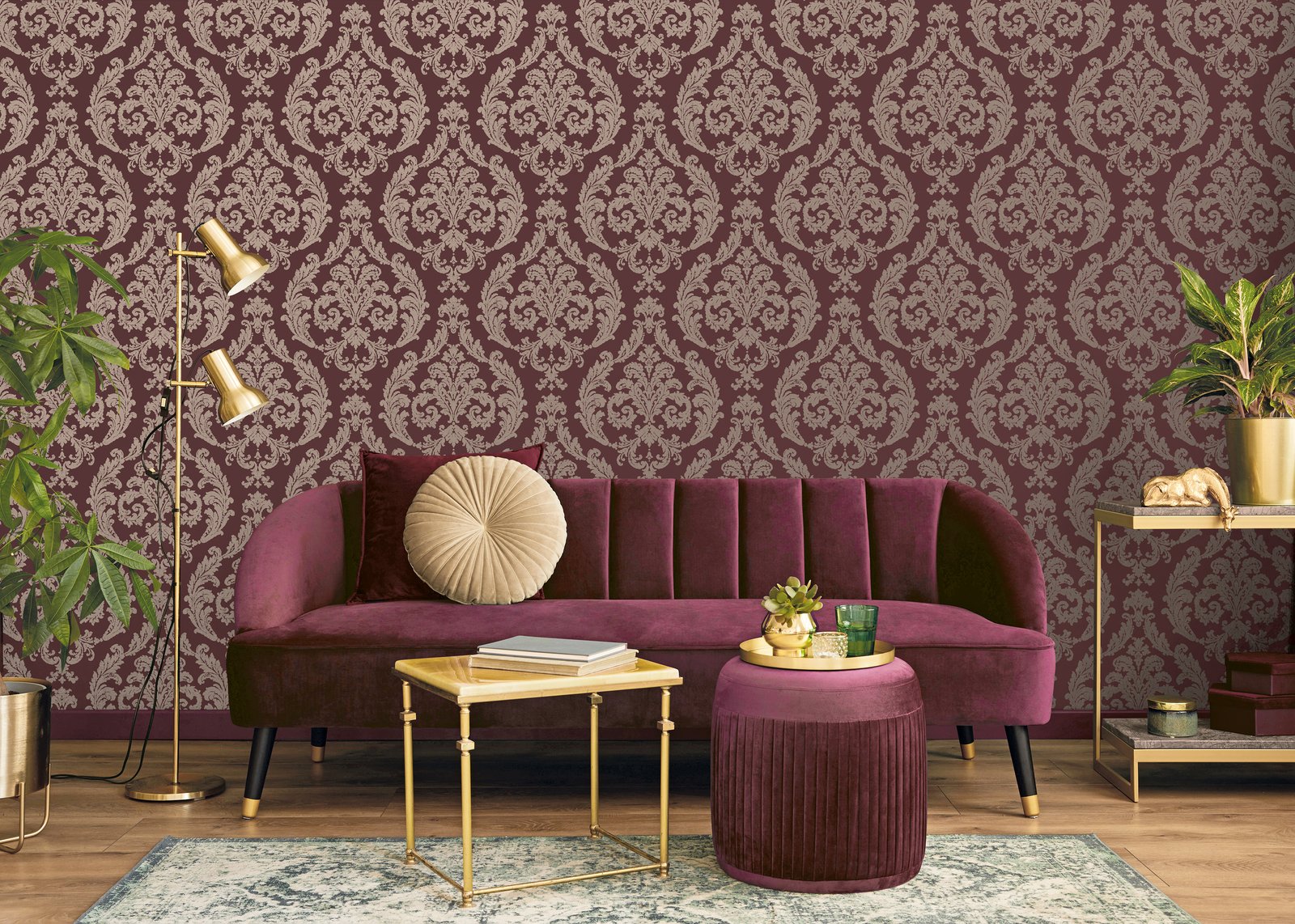 Silk Damask wallpaper in red color - pattern number G67611 - by Galerie in the Palazzo 2 collection