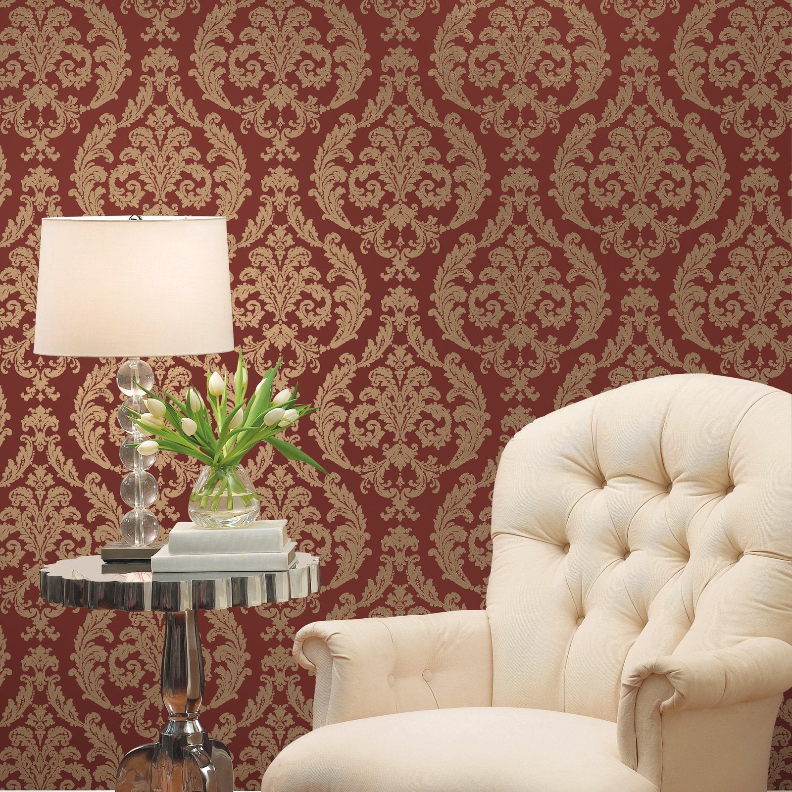 Damask wallpaper in red color - pattern number G67612 - by Galerie in the Palazzo 2 collection