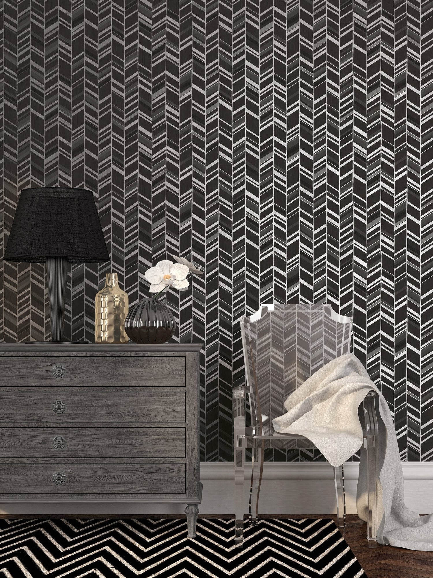 Glitter Chevrons wallpaper in black color - pattern number G67716 - by Galerie in the Special FX 2 collection