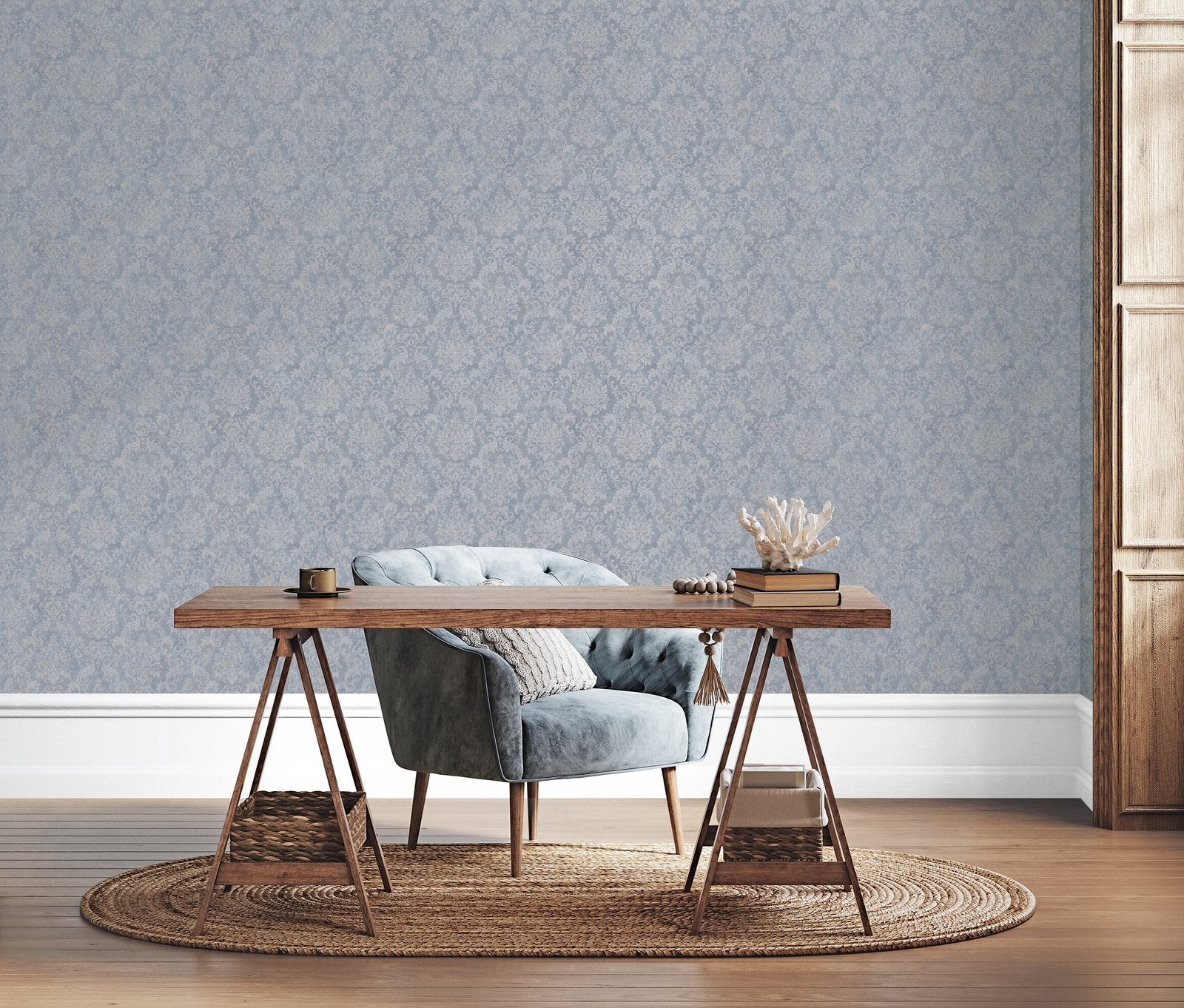 Special Damask wallpaper in blue color - pattern number G68088 - by Galerie in the Special FX 2 collection