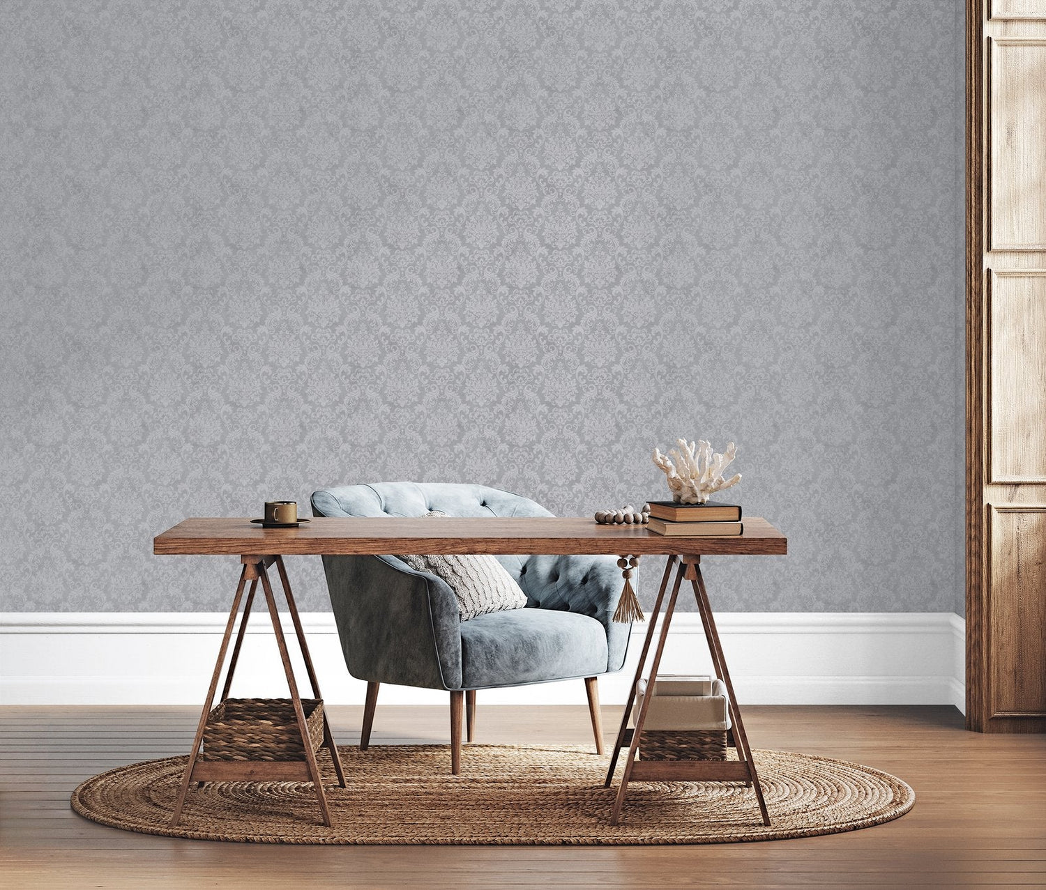 Special Damask wallpaper in silver grey color - pattern number G68090 - by Galerie in the Special FX 2 collection