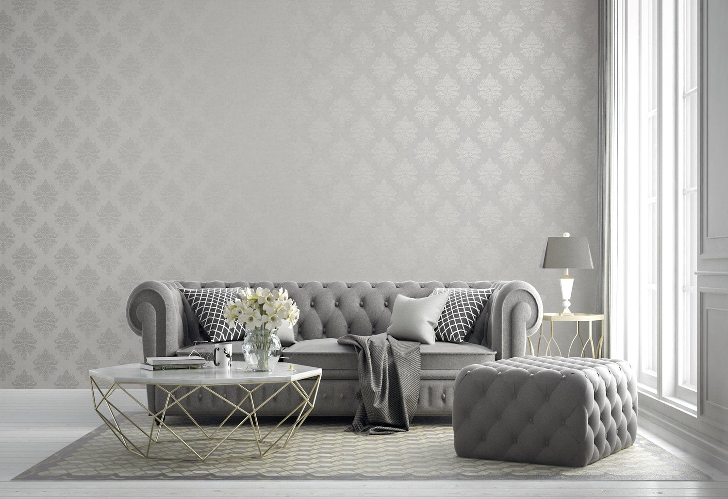 Medallion Damask wallpaper in silver grey color - pattern number G68670 - by Galerie in the Palazzo 2 collection