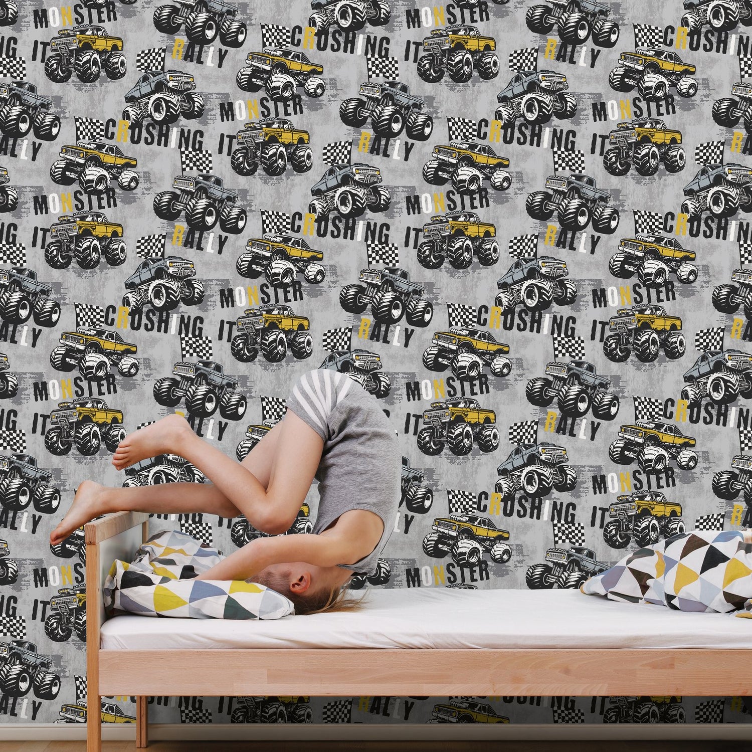 Monster Trucks Wallpaper in Grey color - pattern number G78571 - by Galerie in the Kids and Teens collection