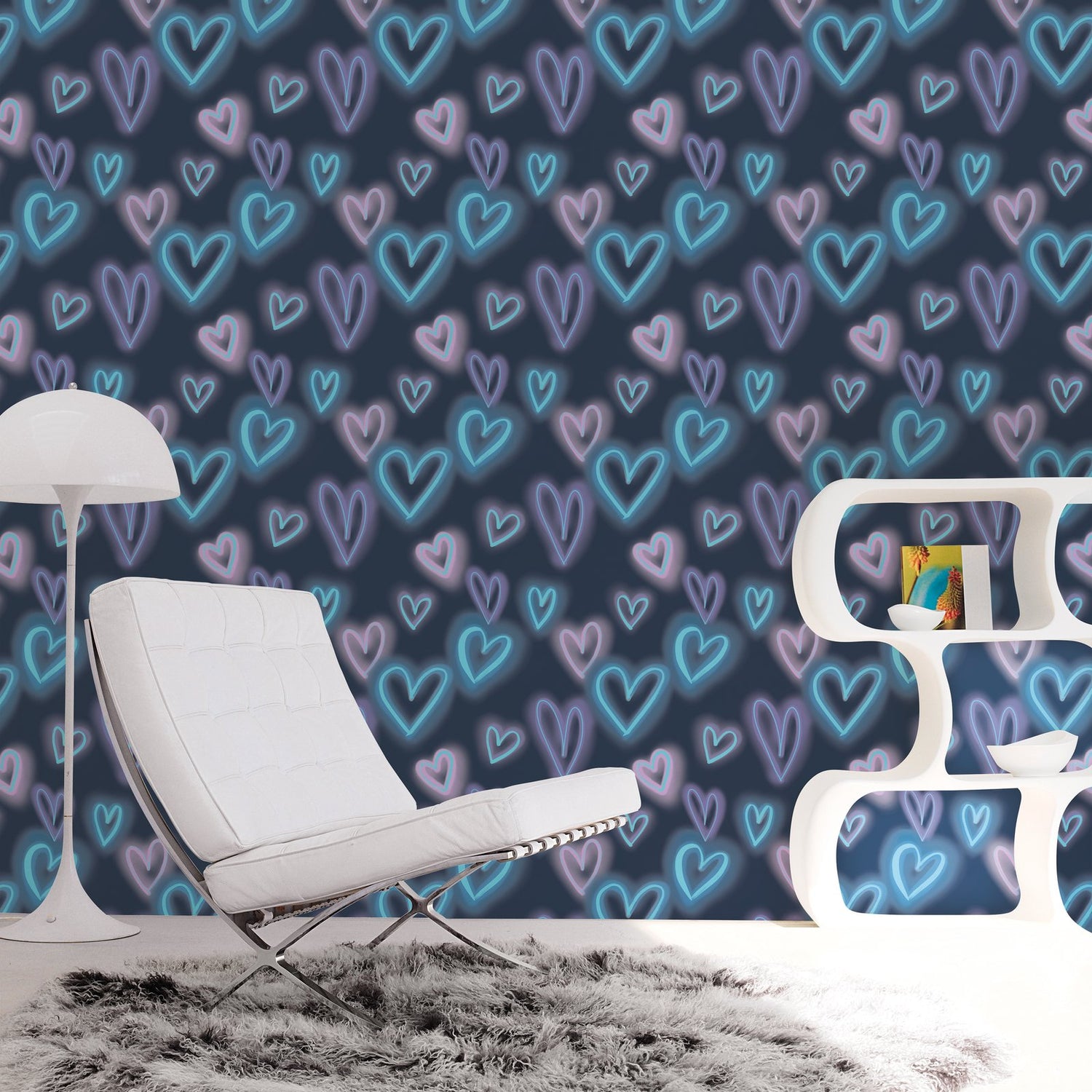 Neon Hearts Wallpaper in Blue color - pattern number G78575 - by Galerie in the Kids and Teens collection