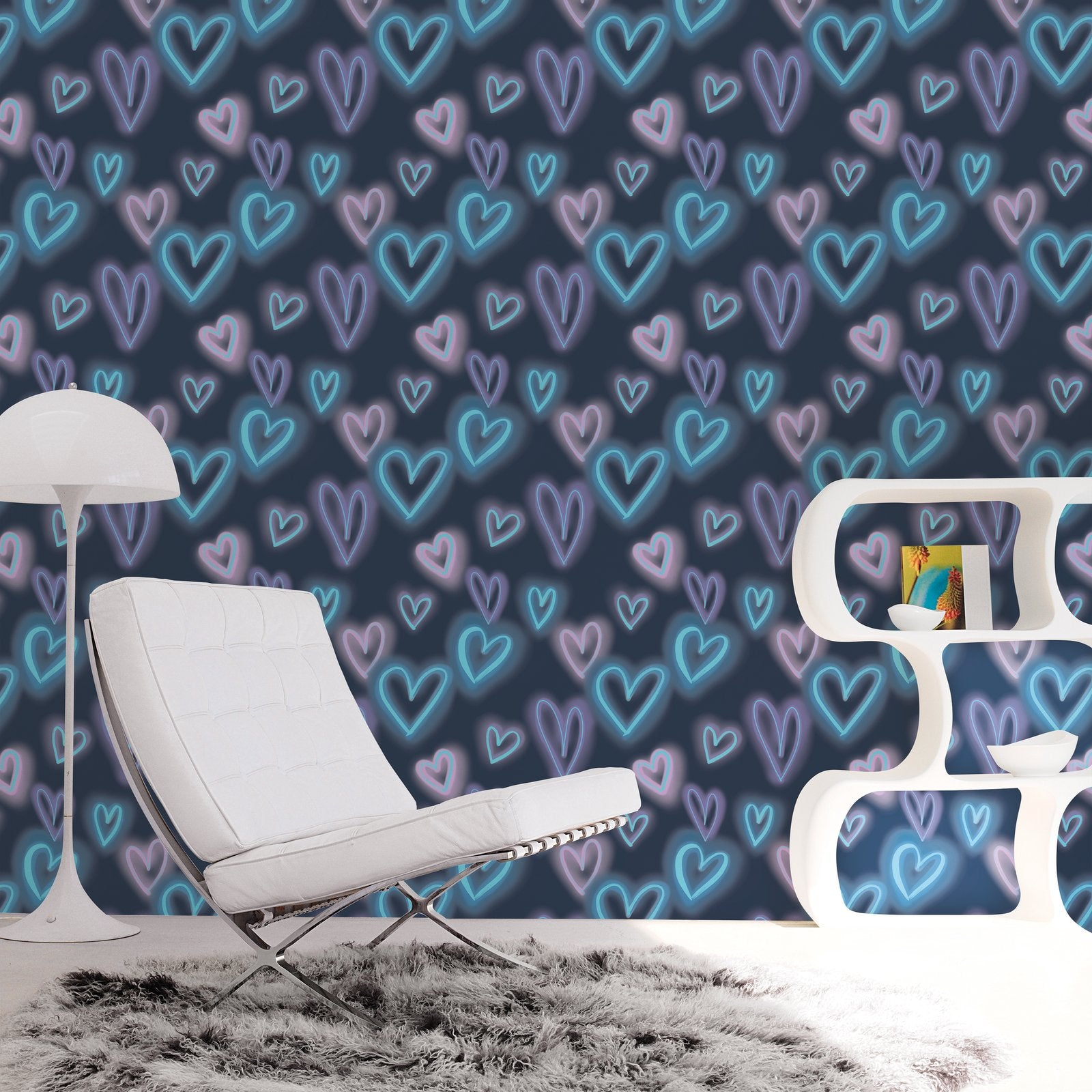 Neon Hearts Wallpaper in Blue color - pattern number G78575 - by Galerie in the Kids and Teens collection
