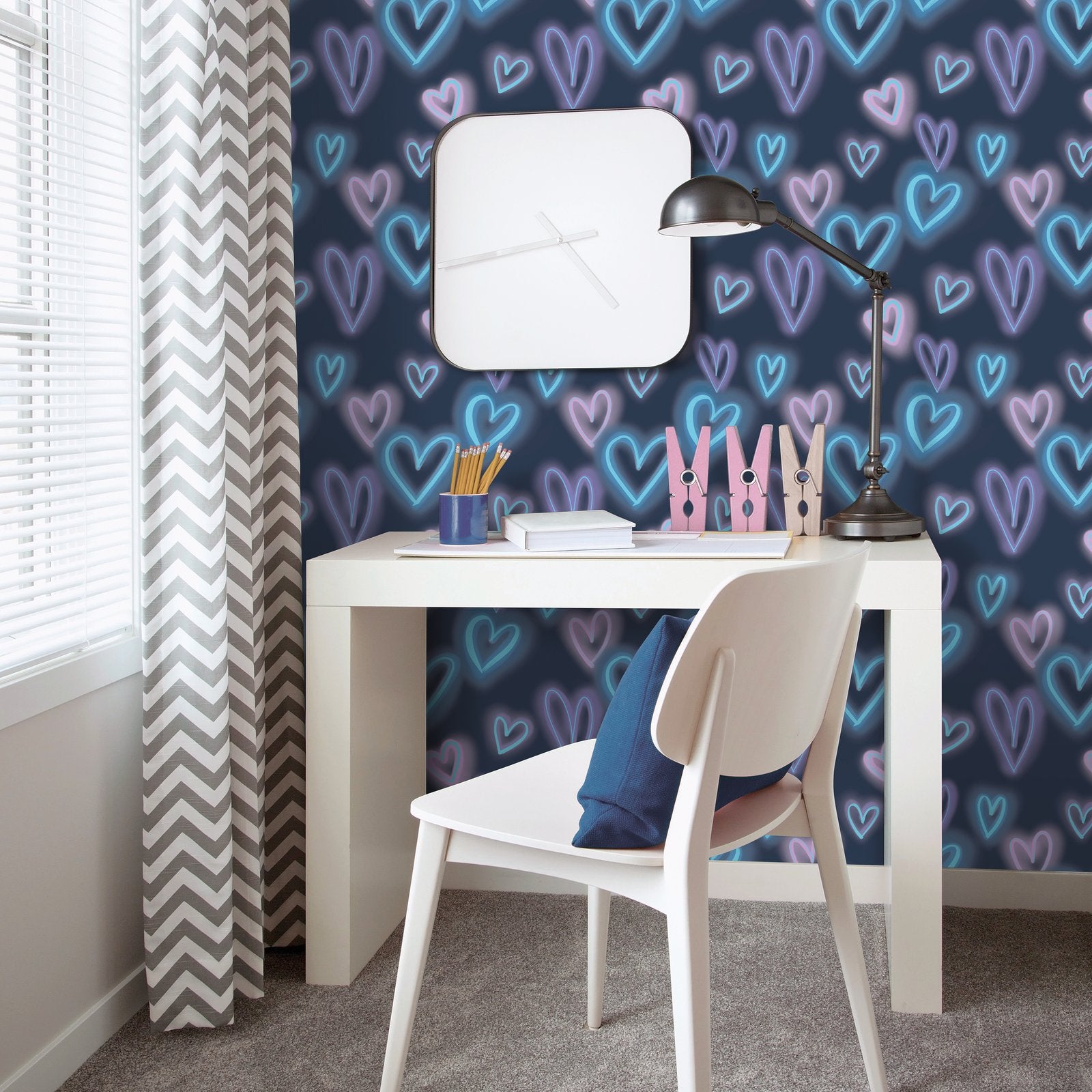Neon Hearts Wallpaper in Blue color - pattern number G78575 - by Galerie in the Kids and Teens collection