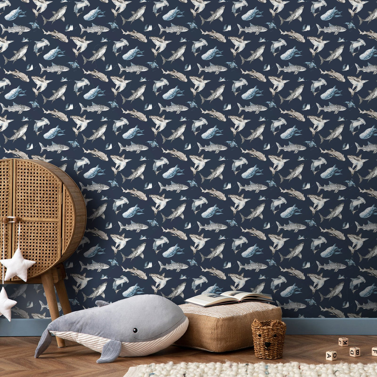 Sharks Wallpaper in Blue color - pattern number G78590 - by Galerie in the Kids and Teens collection