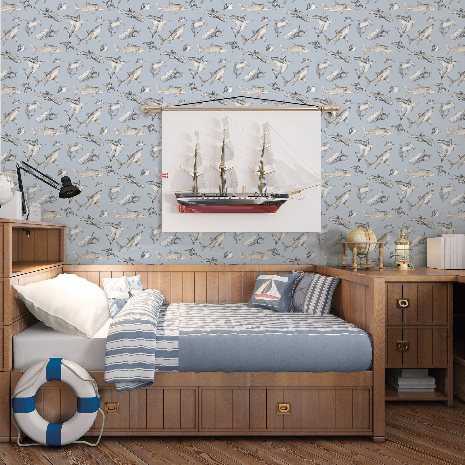Sharks Wallpaper in Blue color - pattern number G78591 - by Galerie in the Kids and Teens collection