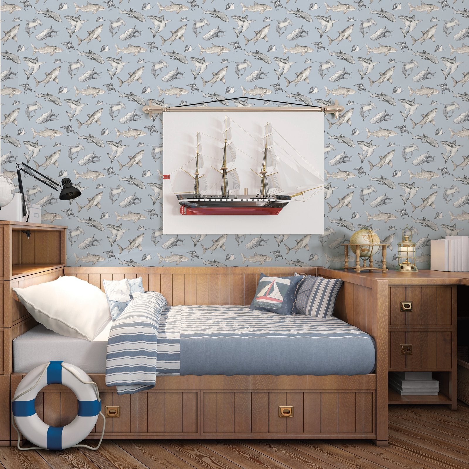 Sharks Wallpaper in Blue color - pattern number G78591 - by Galerie in the Kids and Teens collection