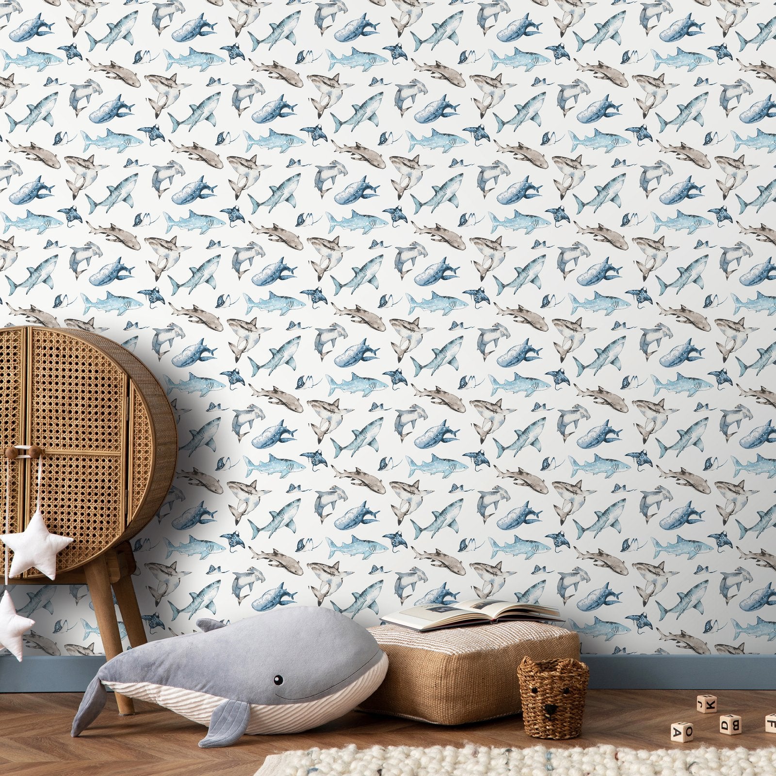 Sharks Wallpaper in Blue color - pattern number G78592 - by Galerie in the Kids and Teens collection