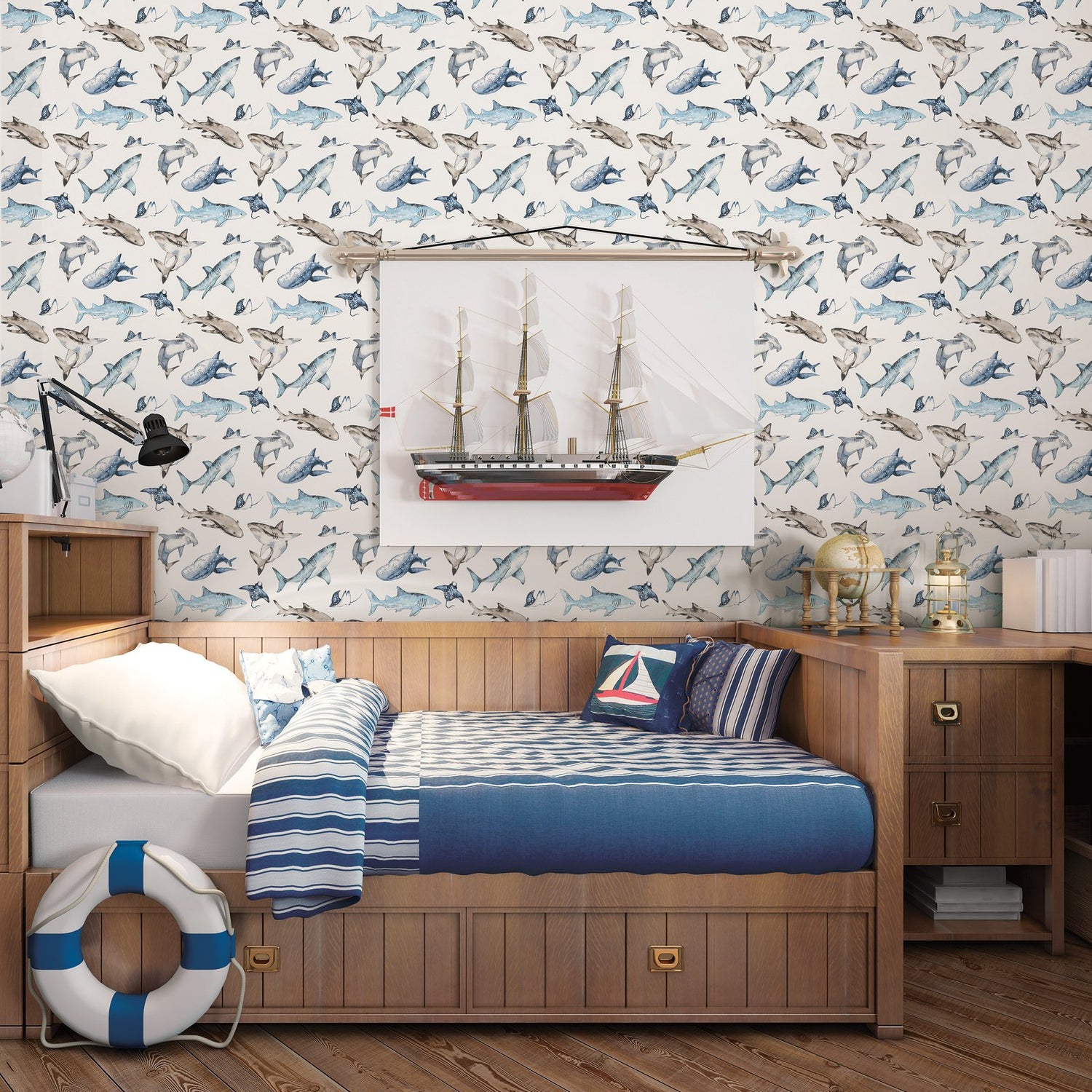Sharks Wallpaper in Blue color - pattern number G78592 - by Galerie in the Kids and Teens collection