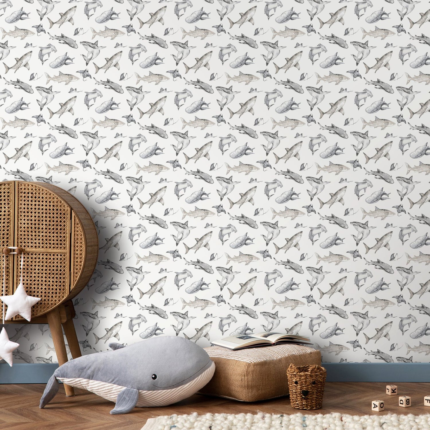 Sharks Wallpaper in Grey color - pattern number G78593 - by Galerie in the Kids and Teens collection