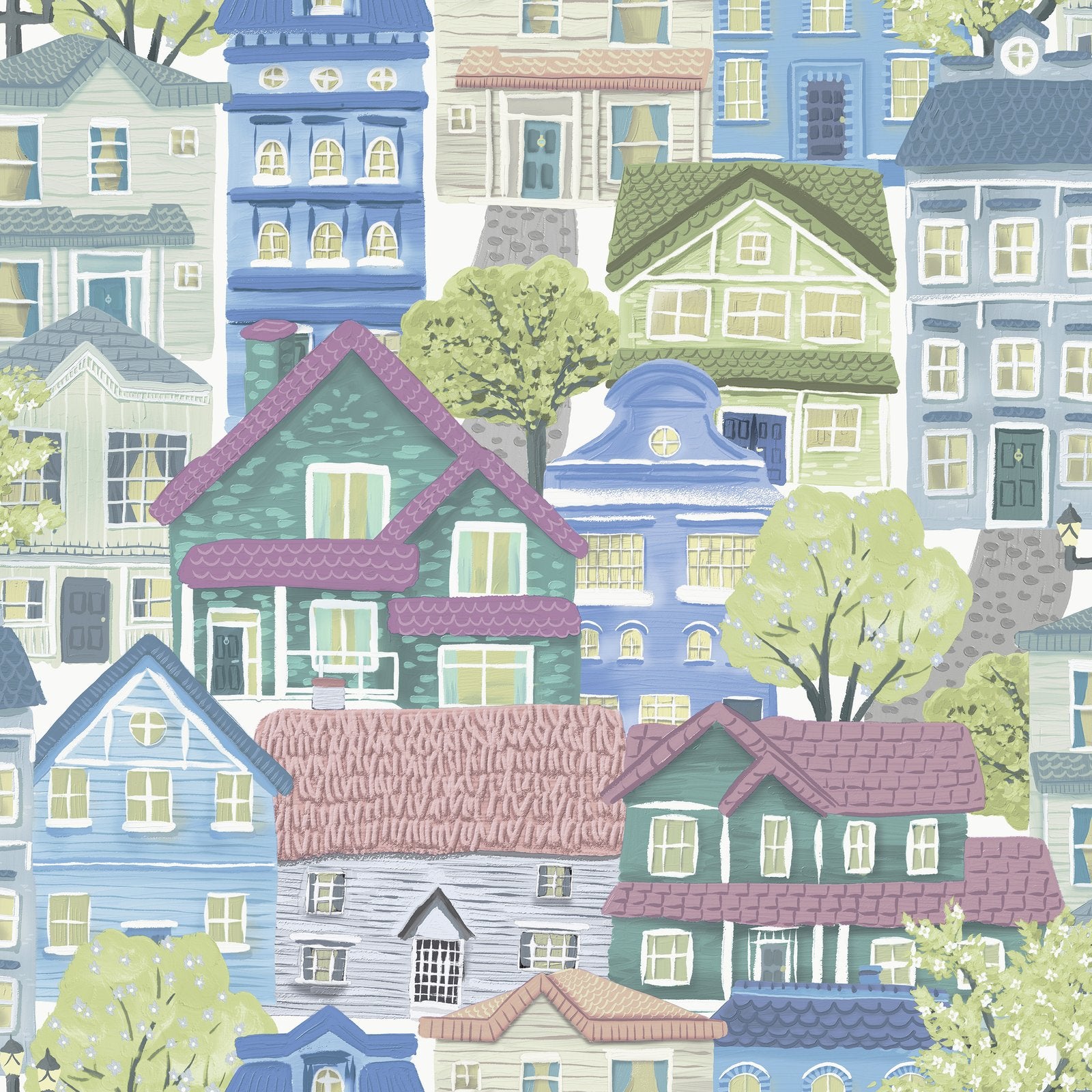 Whimsical Houses Wallpaper in Blue color - pattern number G78601 - by Galerie in the Kids and Teens collection