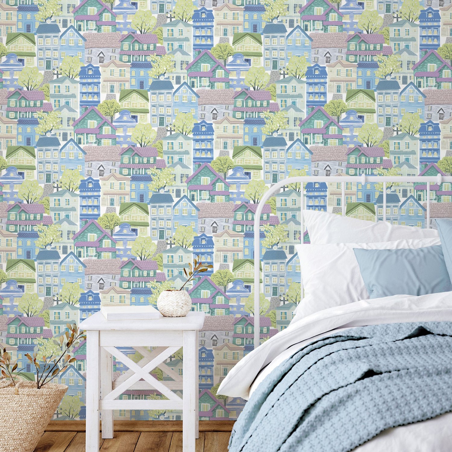 Whimsical Houses Wallpaper in Blue color - pattern number G78601 - by Galerie in the Kids and Teens collection