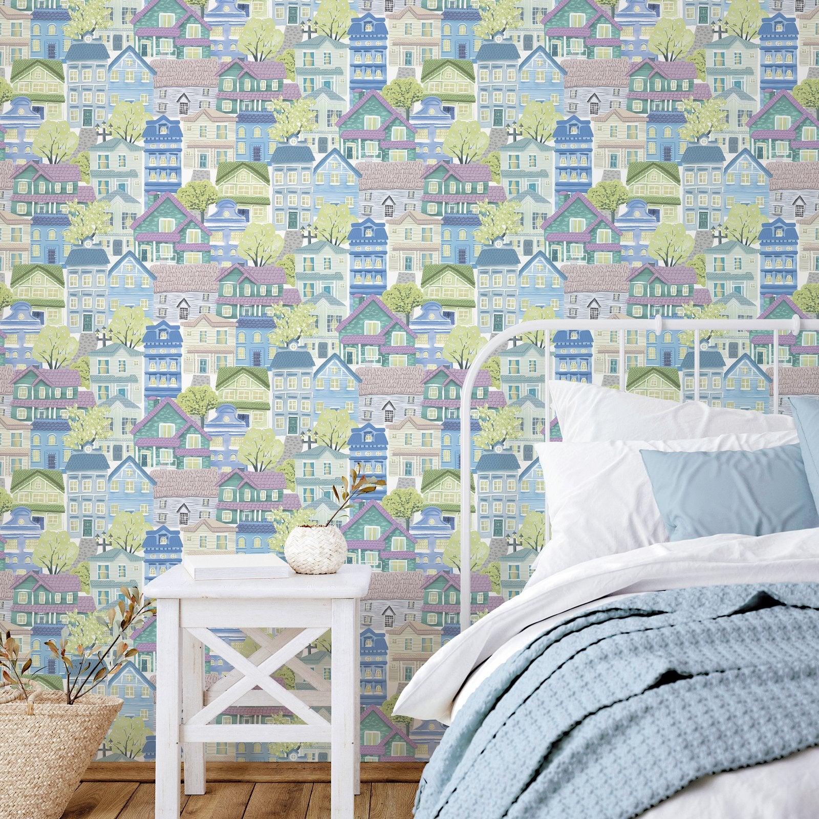 Whimsical Houses Wallpaper in Blue color - pattern number G78601 - by Galerie in the Kids and Teens collection