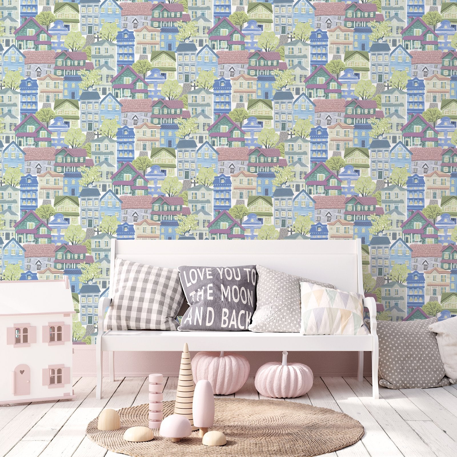 Whimsical Houses Wallpaper in Blue color - pattern number G78601 - by Galerie in the Kids and Teens collection