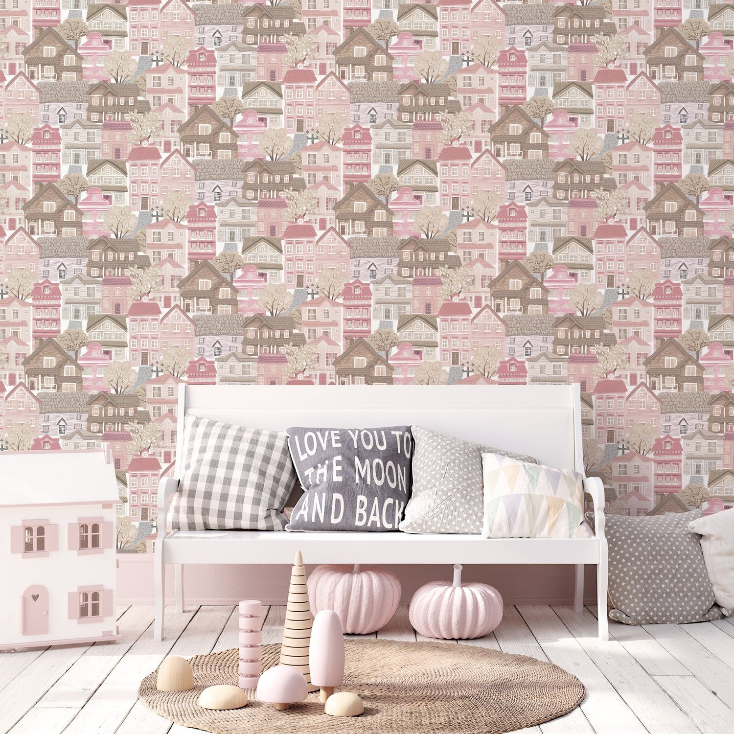 Whimsical Houses Wallpaper in Pink color - pattern number G78602 - by Galerie in the Kids and Teens collection