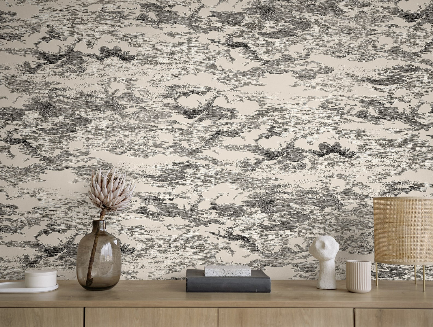 Clouds Peel and Stick wallpaper in beige and black color - pattern number HG11210 - by NextWall in the Peel and Stick Wallpaper by Harry and Grace 4 collection