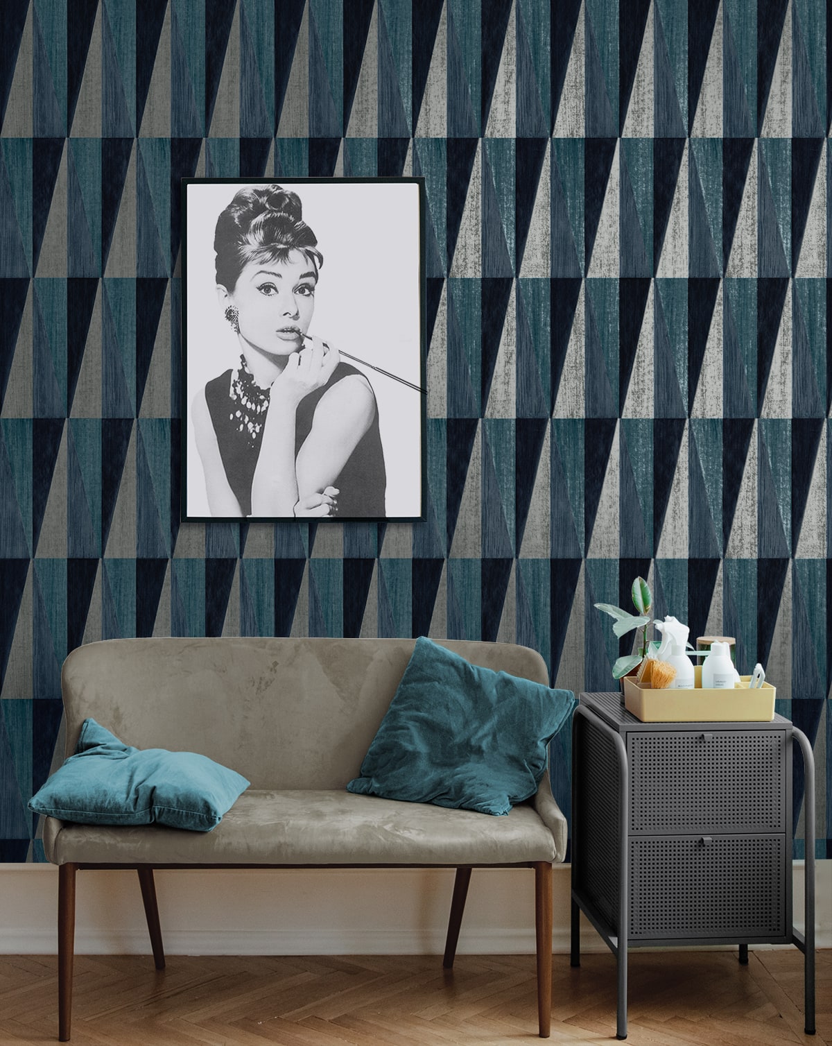 Pieced Diamonds Peel and Stick wallpaper in denim blue color - pattern number HG11502 - by NextWall in the Peel and Stick Wallpaper by Harry and Grace 4 collection