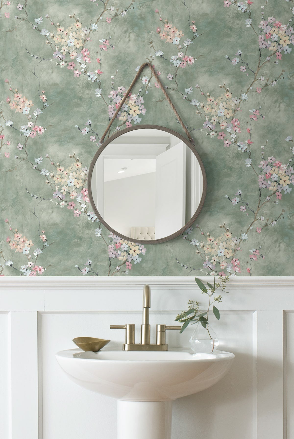 Floral Blossom Peel and Stick wallpaper in green smoke color - pattern number HG11804 - by NextWall in the Peel and Stick Wallpaper by Harry and Grace 4 collection