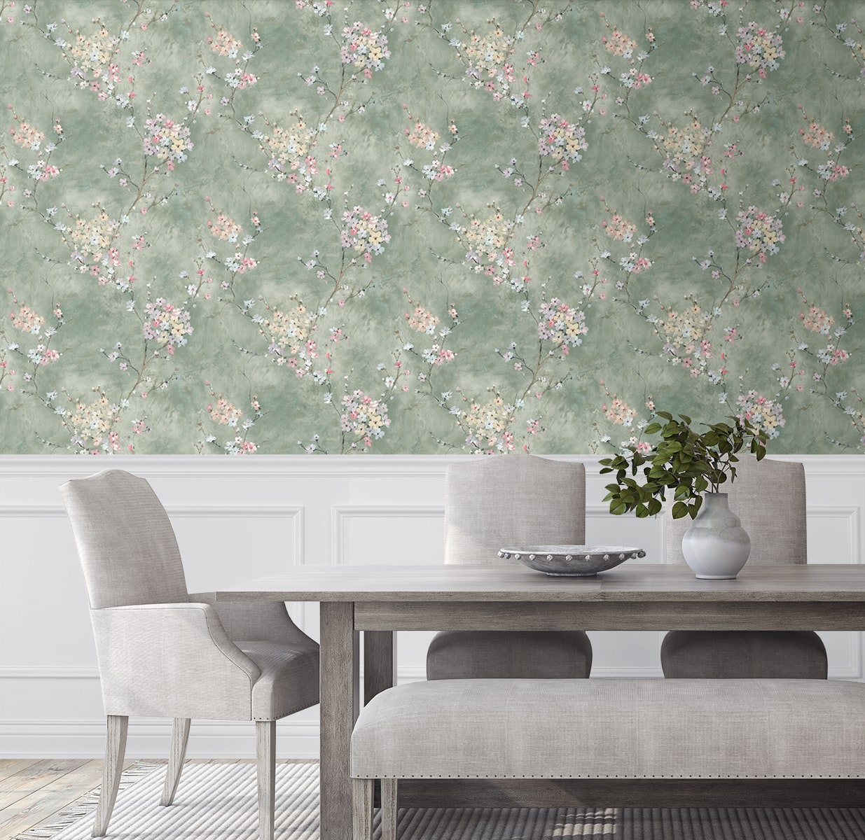 Floral Blossom Peel and Stick wallpaper in green smoke color - pattern number HG11804 - by NextWall in the Peel and Stick Wallpaper by Harry and Grace 4 collection