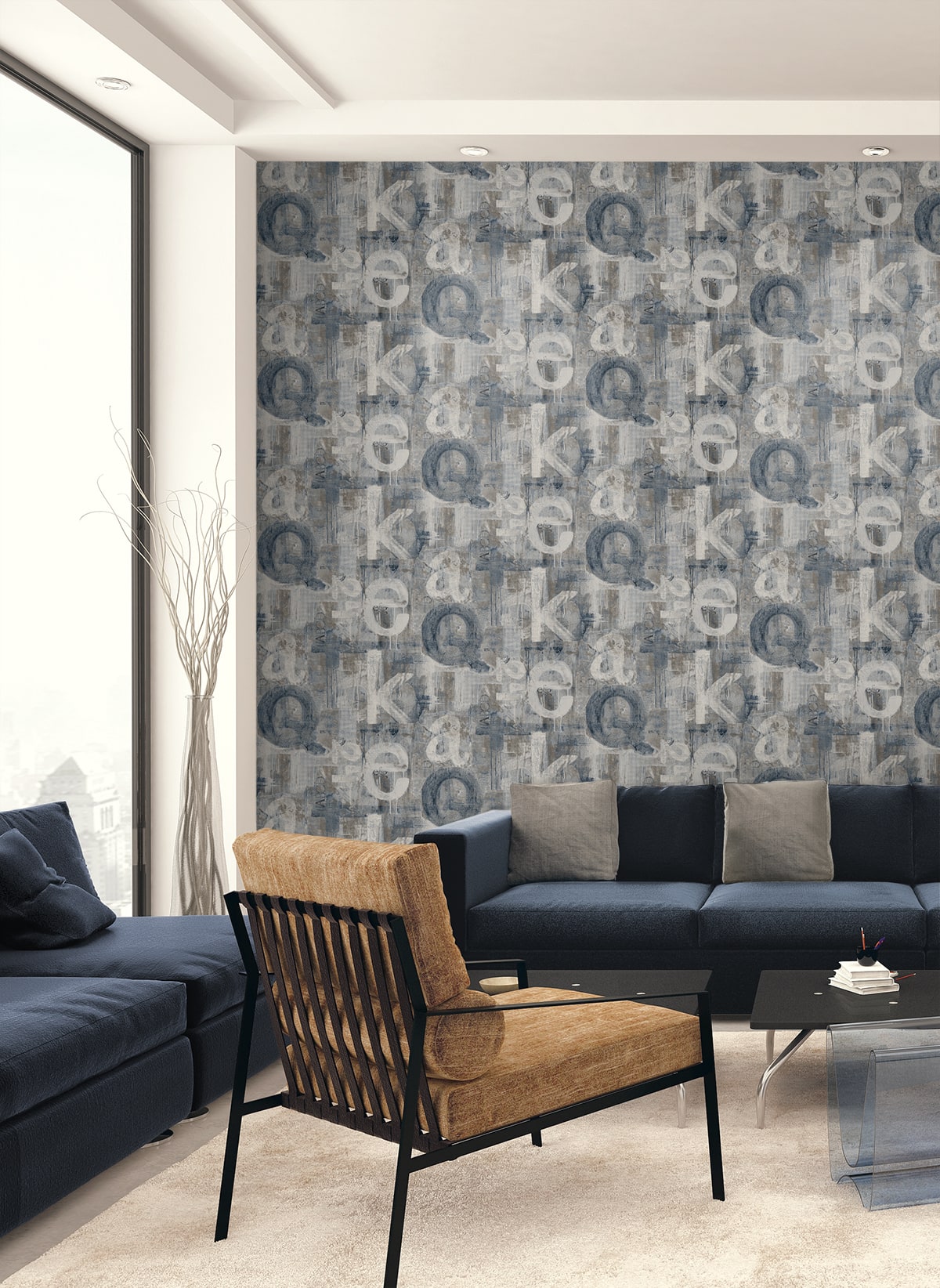 Graphic Letters Peel and Stick wallpaper in steel blue and mocha color - pattern number HG12002 - by NextWall in the Peel and Stick Wallpaper by Harry and Grace 4 collection