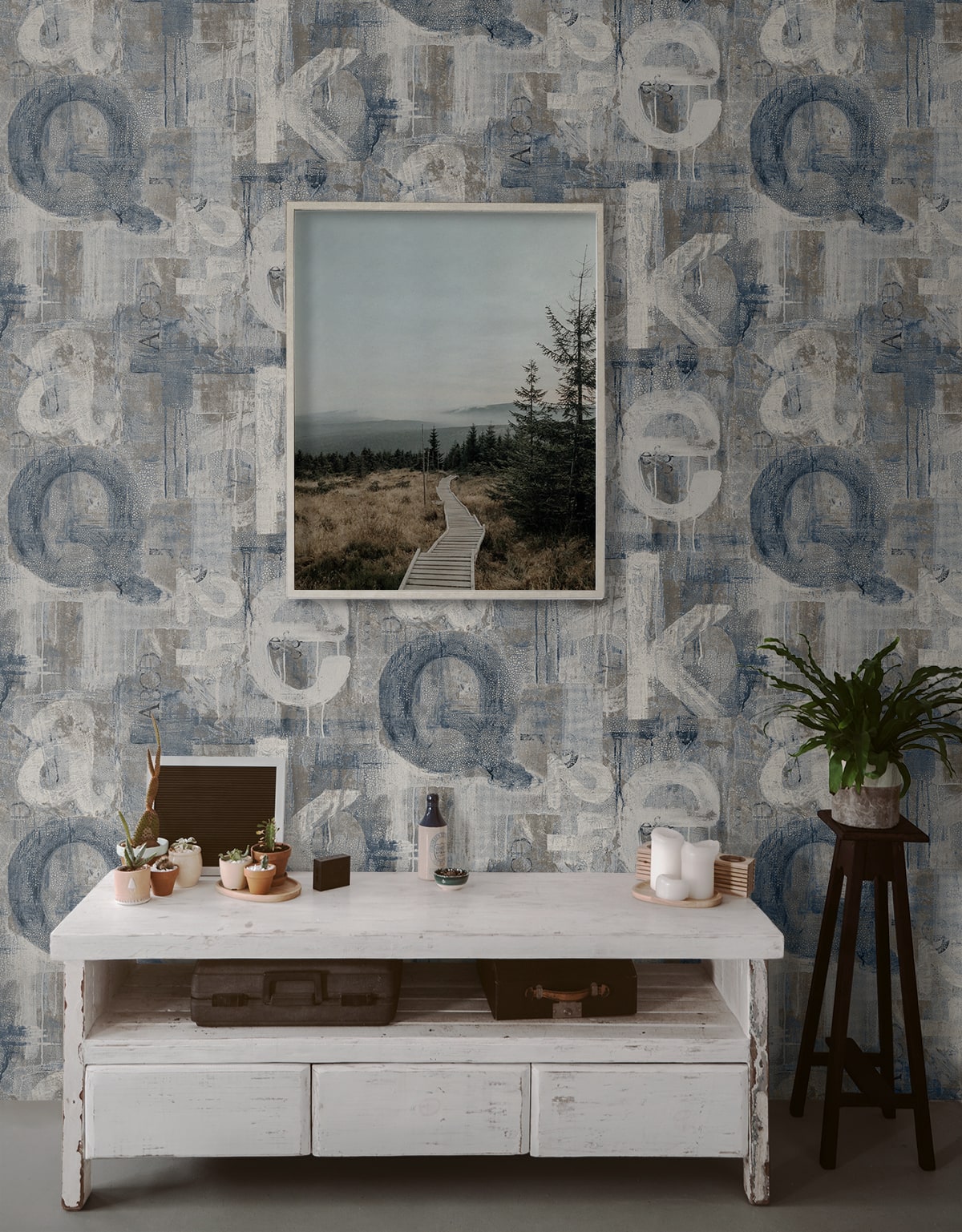 Graphic Letters Peel and Stick wallpaper in steel blue and mocha color - pattern number HG12002 - by NextWall in the Peel and Stick Wallpaper by Harry and Grace 4 collection