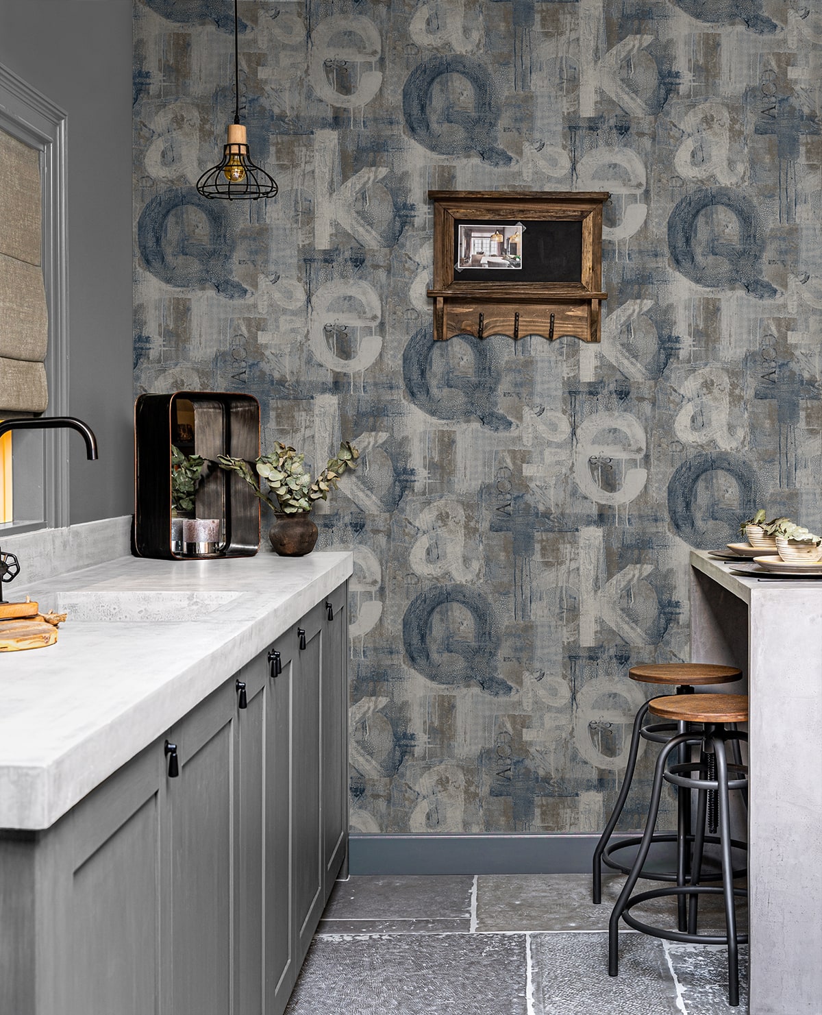 Graphic Letters Peel and Stick wallpaper in steel blue and mocha color - pattern number HG12002 - by NextWall in the Peel and Stick Wallpaper by Harry and Grace 4 collection