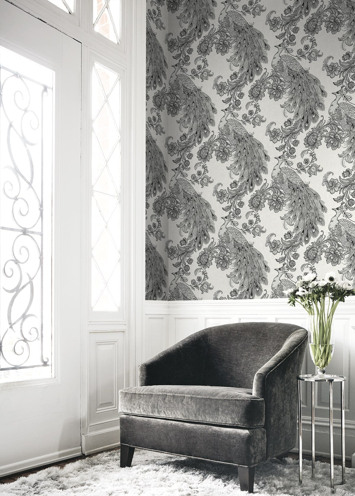 Peacock Peel and Stick wallpaper in ivory and ebony color - pattern number HG12200NG - by NextWall in the Peel and Stick Wallpaper by Harry and Grace 4 collection
