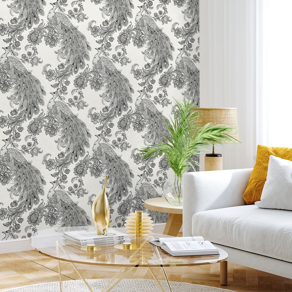 Peacock Peel and Stick wallpaper in ivory and ebony color - pattern number HG12200NG - by NextWall in the Peel and Stick Wallpaper by Harry and Grace 4 collection