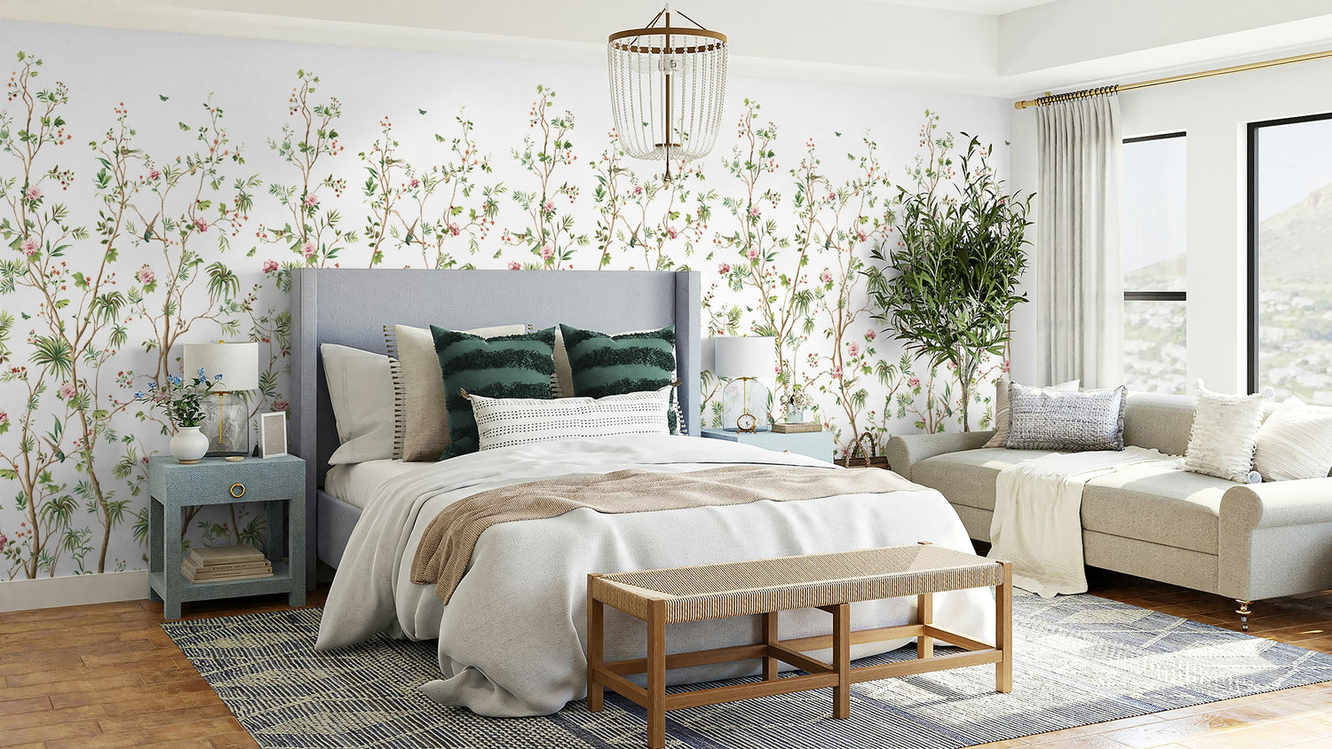 Blooming Chinoiserie Peel and Stick 2 Panel mural in fern and rosebud color - pattern number HG12404M - by NextWall in the Peel and Stick Wallpaper by Harry and Grace 4 collection