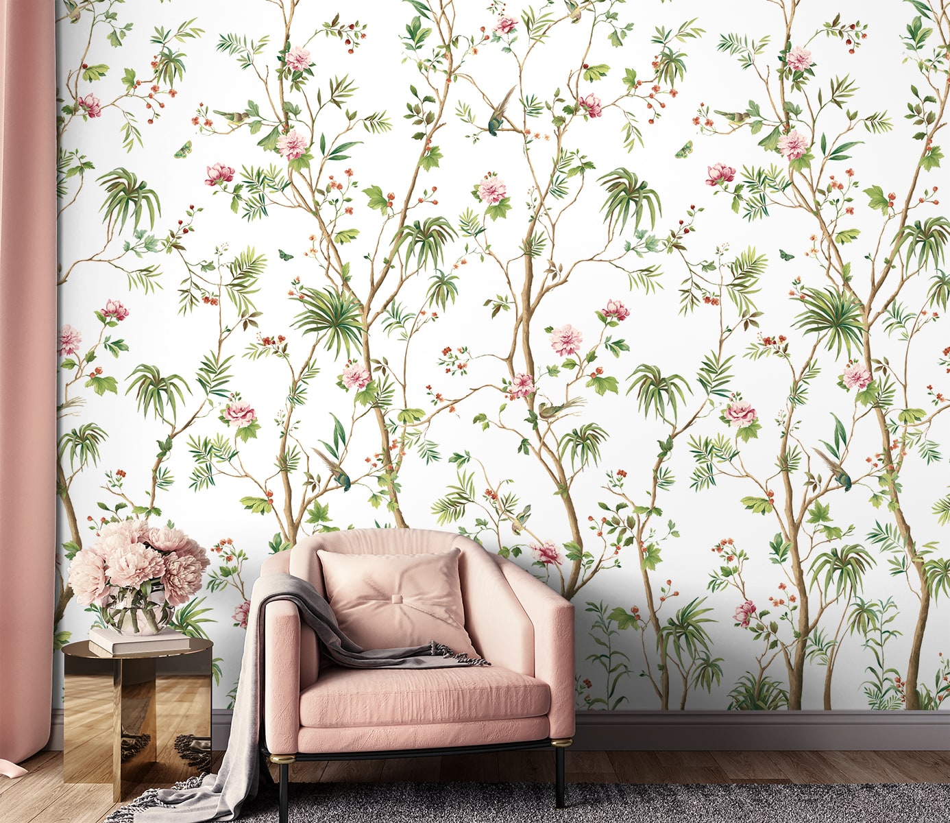 Blooming Chinoiserie Peel and Stick 2 Panel mural in fern and rosebud color - pattern number HG12404M - by NextWall in the Peel and Stick Wallpaper by Harry and Grace 4 collection