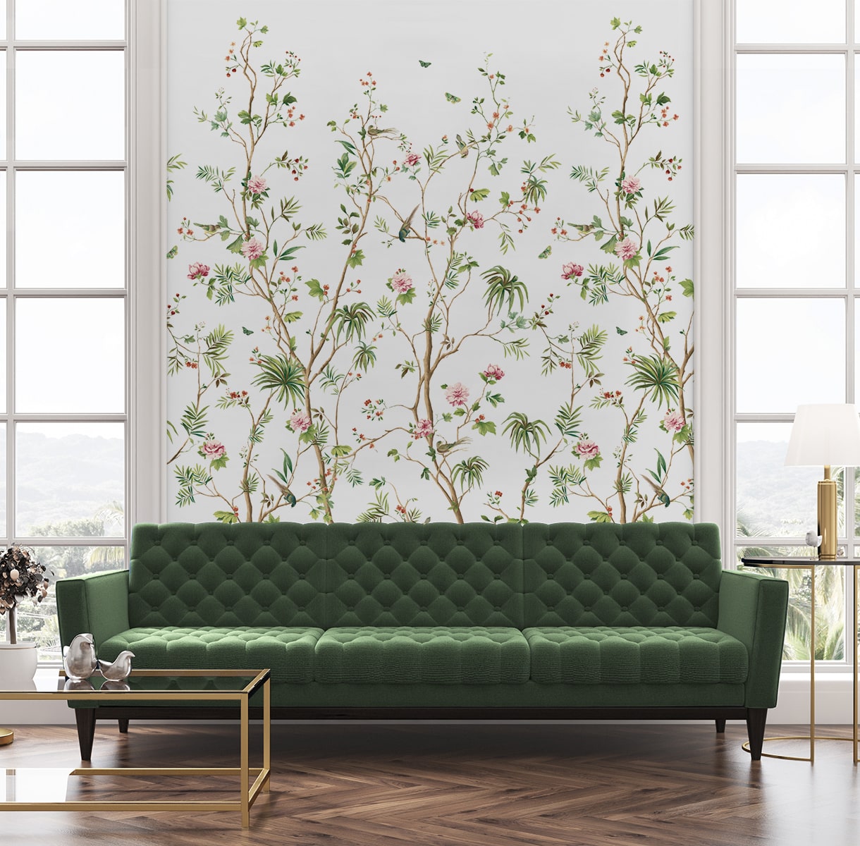 Blooming Chinoiserie Peel and Stick 2 Panel mural in fern and rosebud color - pattern number HG12404M - by NextWall in the Peel and Stick Wallpaper by Harry and Grace 4 collection