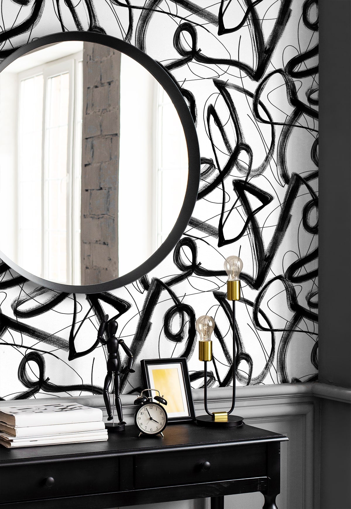 Graphic Linework Peel and Stick wallpaper in ebony color - pattern number HG12700 - by NextWall in the Peel and Stick Wallpaper by Harry and Grace 4 collection