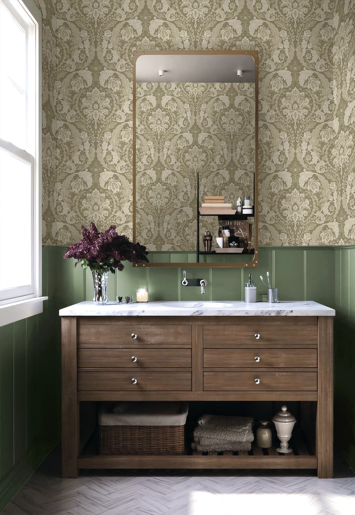 Thornton Vintage Damask Peel and Stick wallpaper in latte color - pattern number HG12905 - by NextWall in the Peel and Stick Wallpaper by Harry and Grace 5 collection