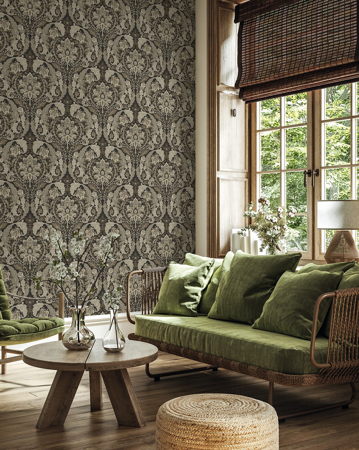 Thornton Vintage Damask Peel and Stick wallpaper in cliffside color - pattern number HG12907 - by NextWall in the Peel and Stick Wallpaper by Harry and Grace 5 collection