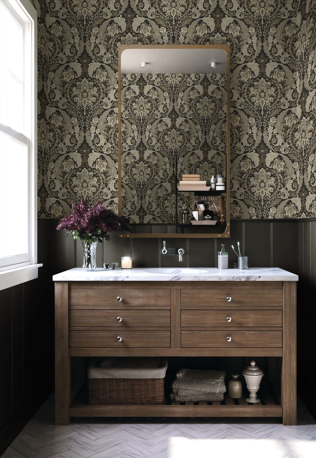 Thornton Vintage Damask Peel and Stick wallpaper in cliffside color - pattern number HG12907 - by NextWall in the Peel and Stick Wallpaper by Harry and Grace 5 collection