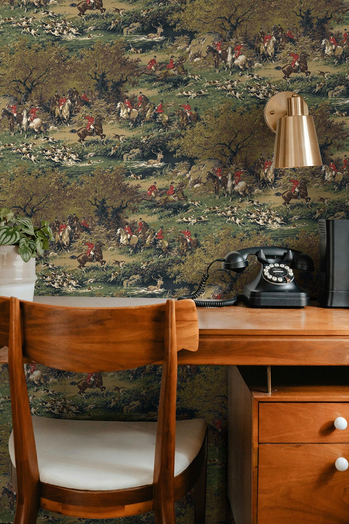 Taunton Hunt Scene Peel and Stick wallpaper in olive and midnight color - pattern number HG13002 - by NextWall in the Peel and Stick Wallpaper by Harry and Grace 5 collection