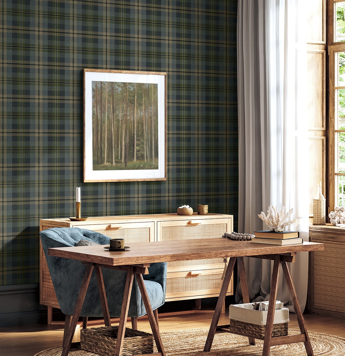 Thornbury Tailored Plaid Peel and Stick wallpaper in deep sea color - pattern number HG13102 - by NextWall in the Peel and Stick Wallpaper by Harry and Grace 5 collection